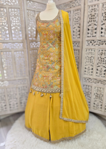 Yellow Multicolour Embroidered Sharara Suit (Size 10-12)