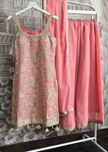 Light Coral Strap Embroidered Sharara Suit (Size 10-12)
