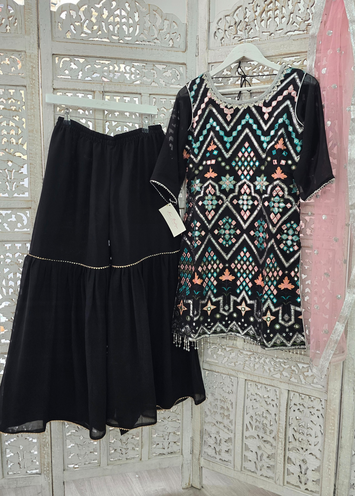 Black & Pastels Gharara Suit (Size 10-12)