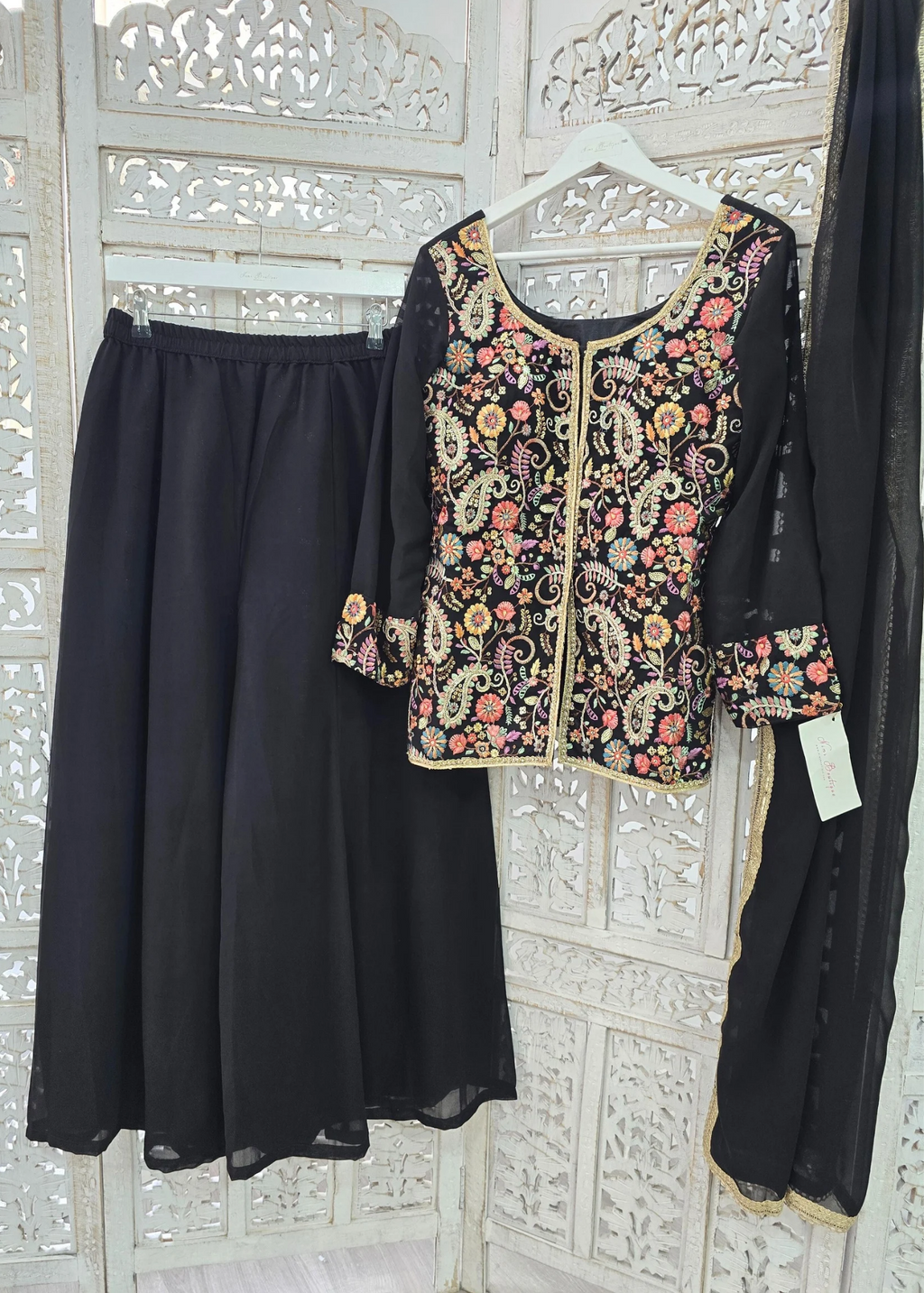 Black Embroidered Jacket Sharara Suit (Size 10-12)