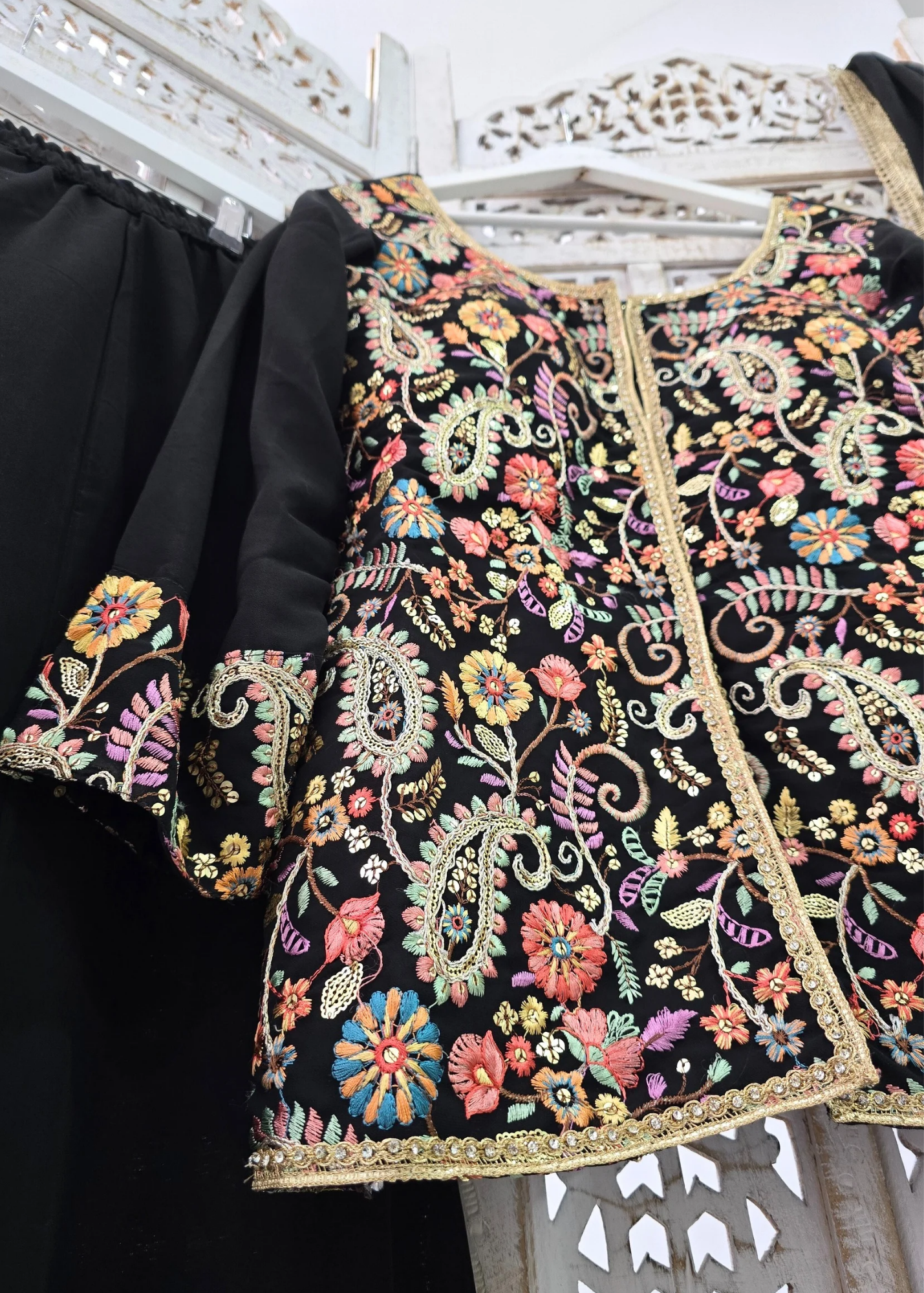 Black Embroidered Jacket Sharara Suit (Size 10-12)