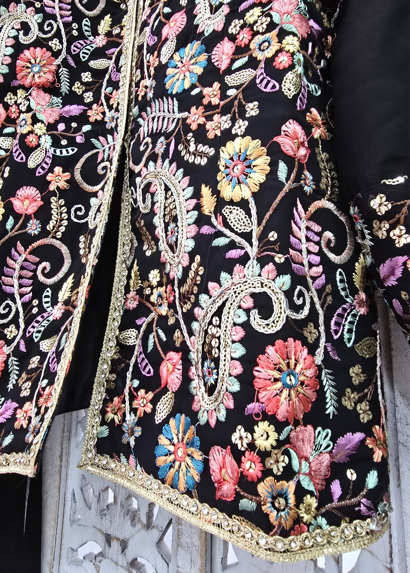 Black Embroidered Jacket Sharara Suit (Size 10-12)