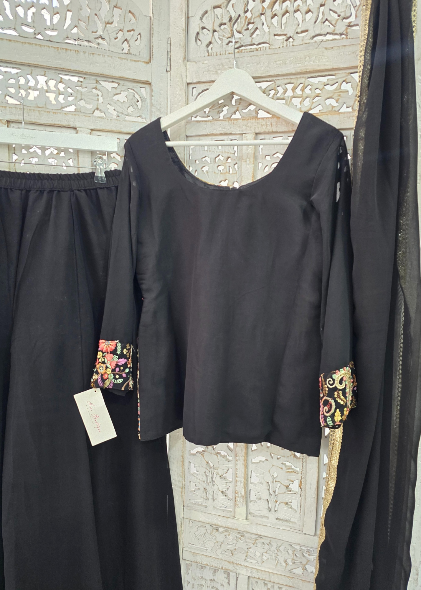 Black Embroidered Jacket Sharara Suit (Size 10-12)