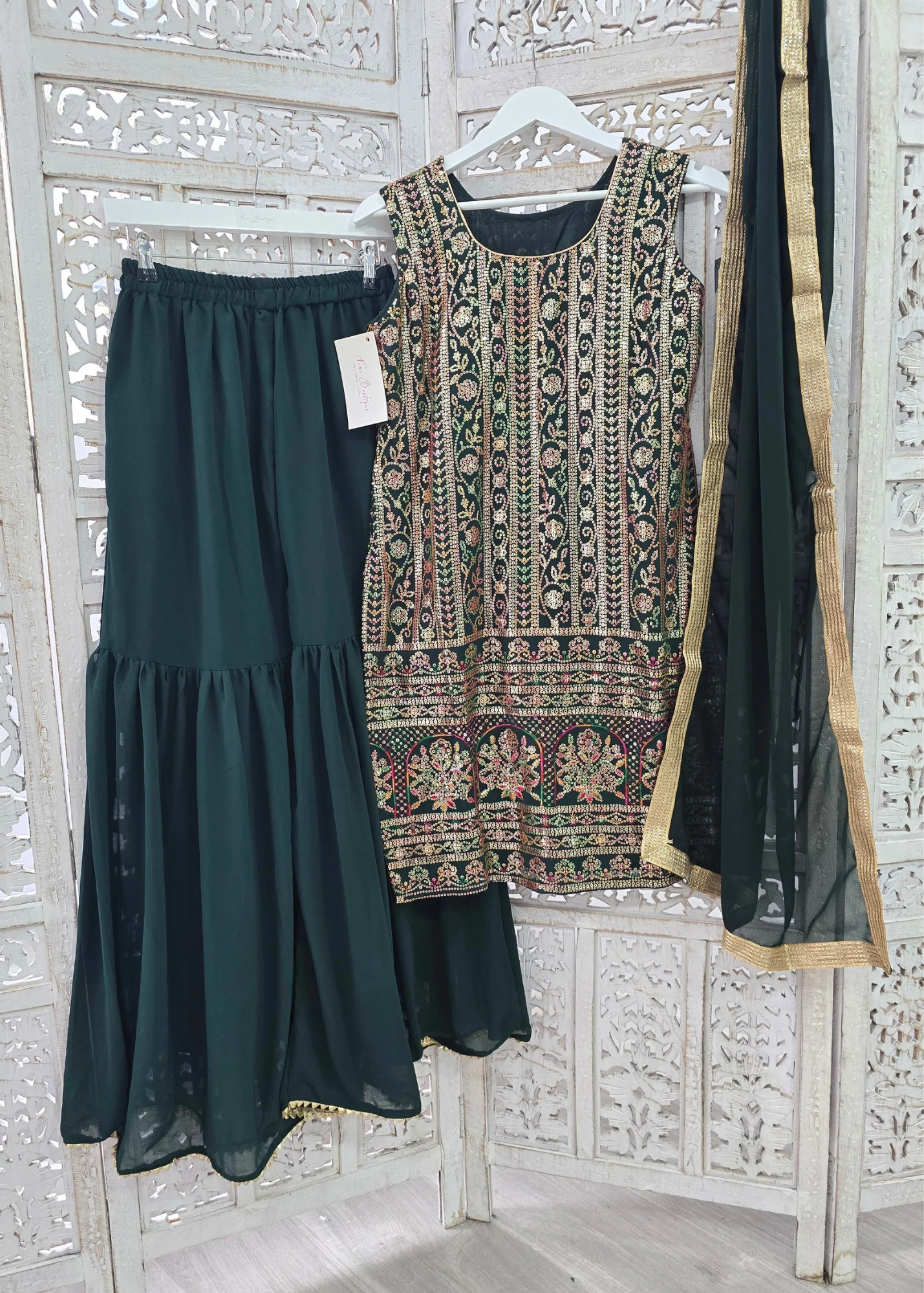 Dark Green & Multicolour Sequin Sharara Suit (Size 10-12)