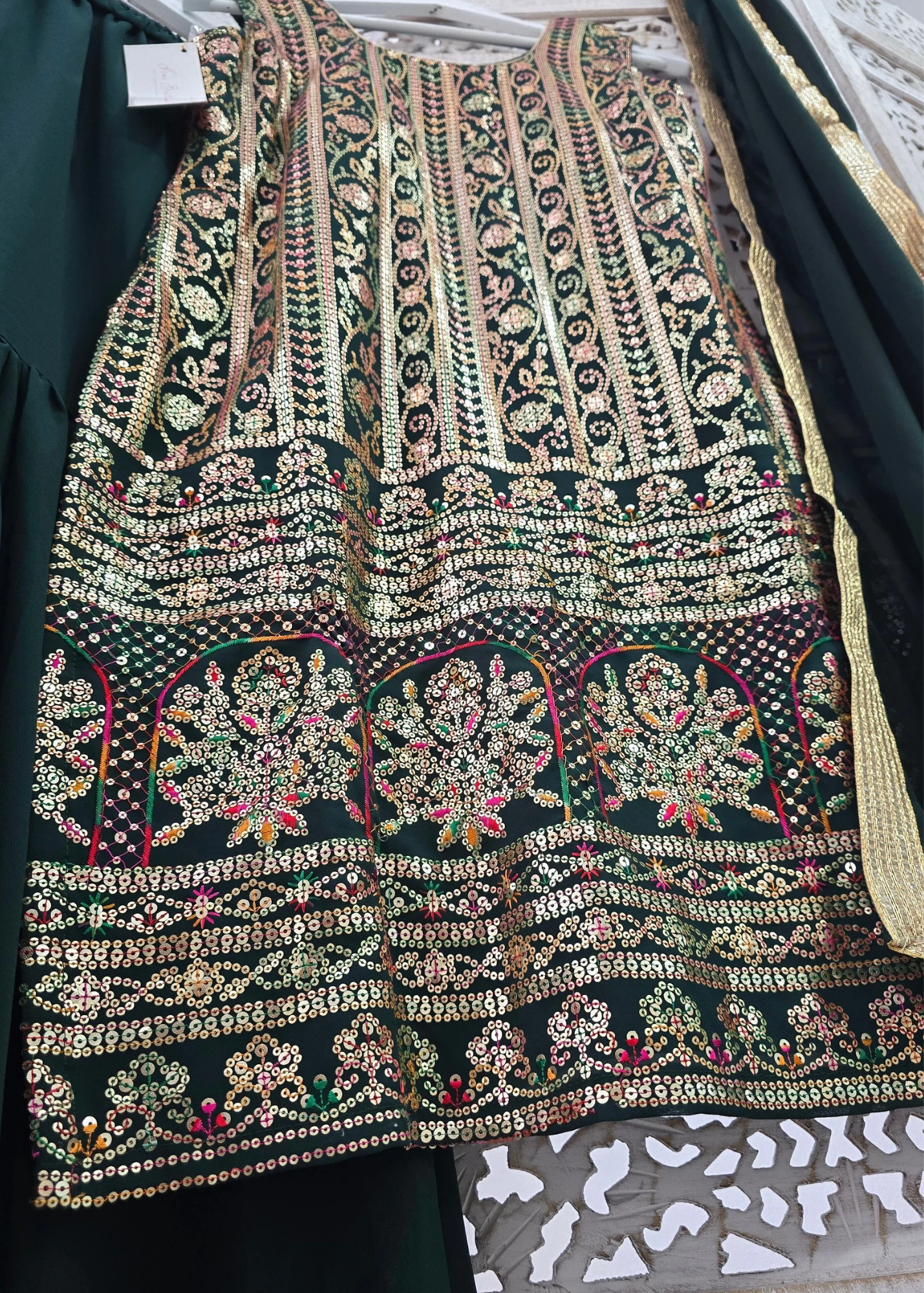Dark Green & Multicolour Sequin Sharara Suit (Size 10-12)