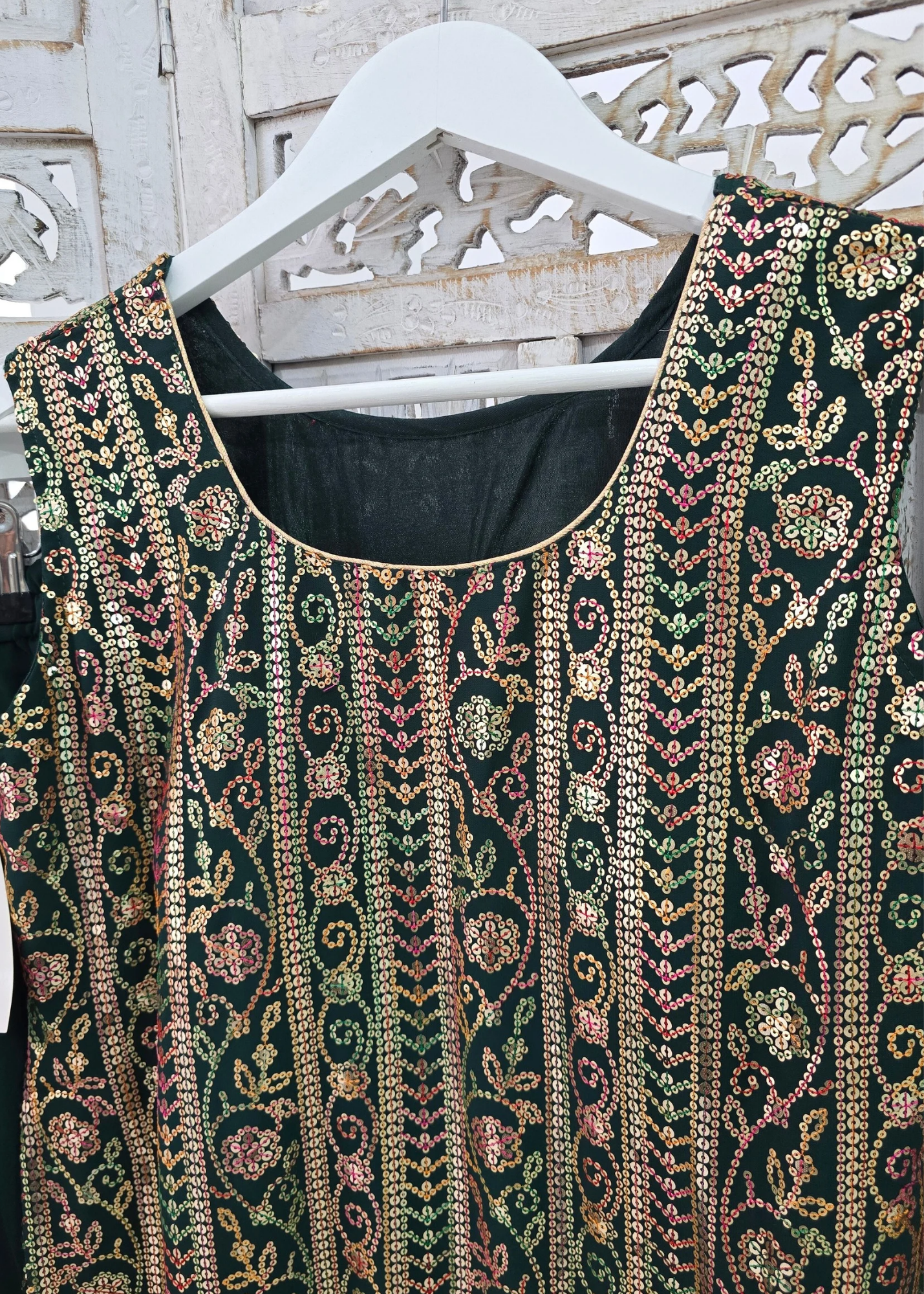 Dark Green & Multicolour Sequin Sharara Suit (Size 10-12)