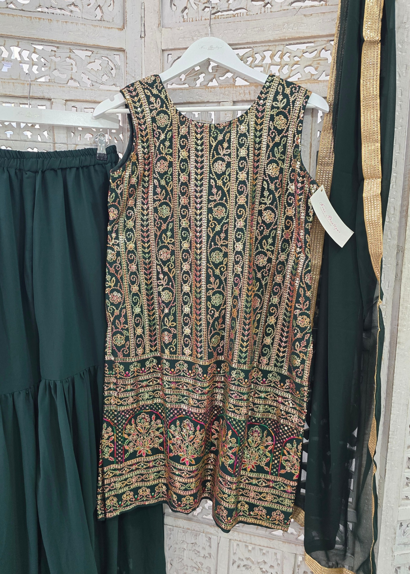 Dark Green & Multicolour Sequin Sharara Suit (Size 10-12)