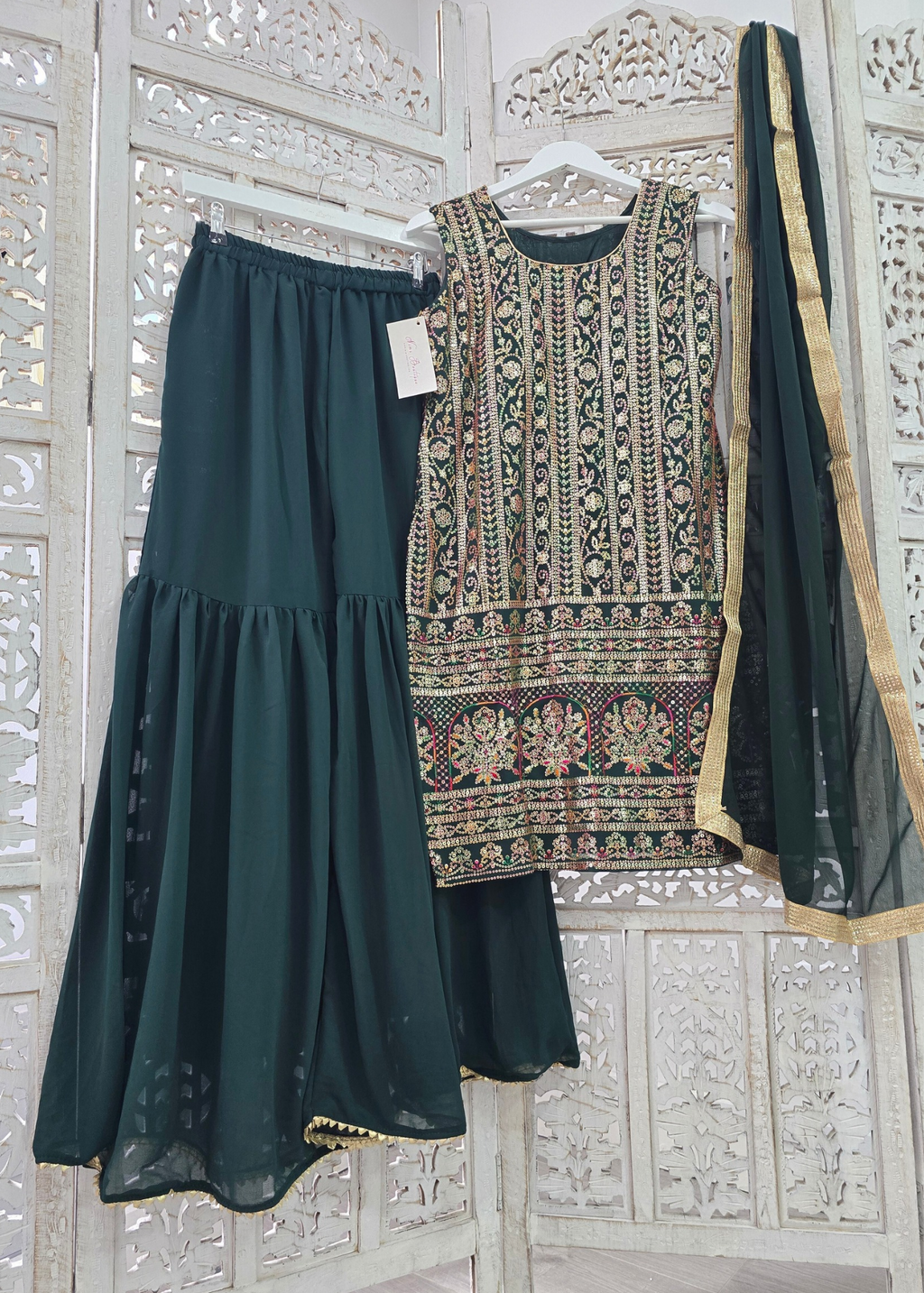 Dark Green & Multicolour Sequin Sharara Suit (Size 10-12)
