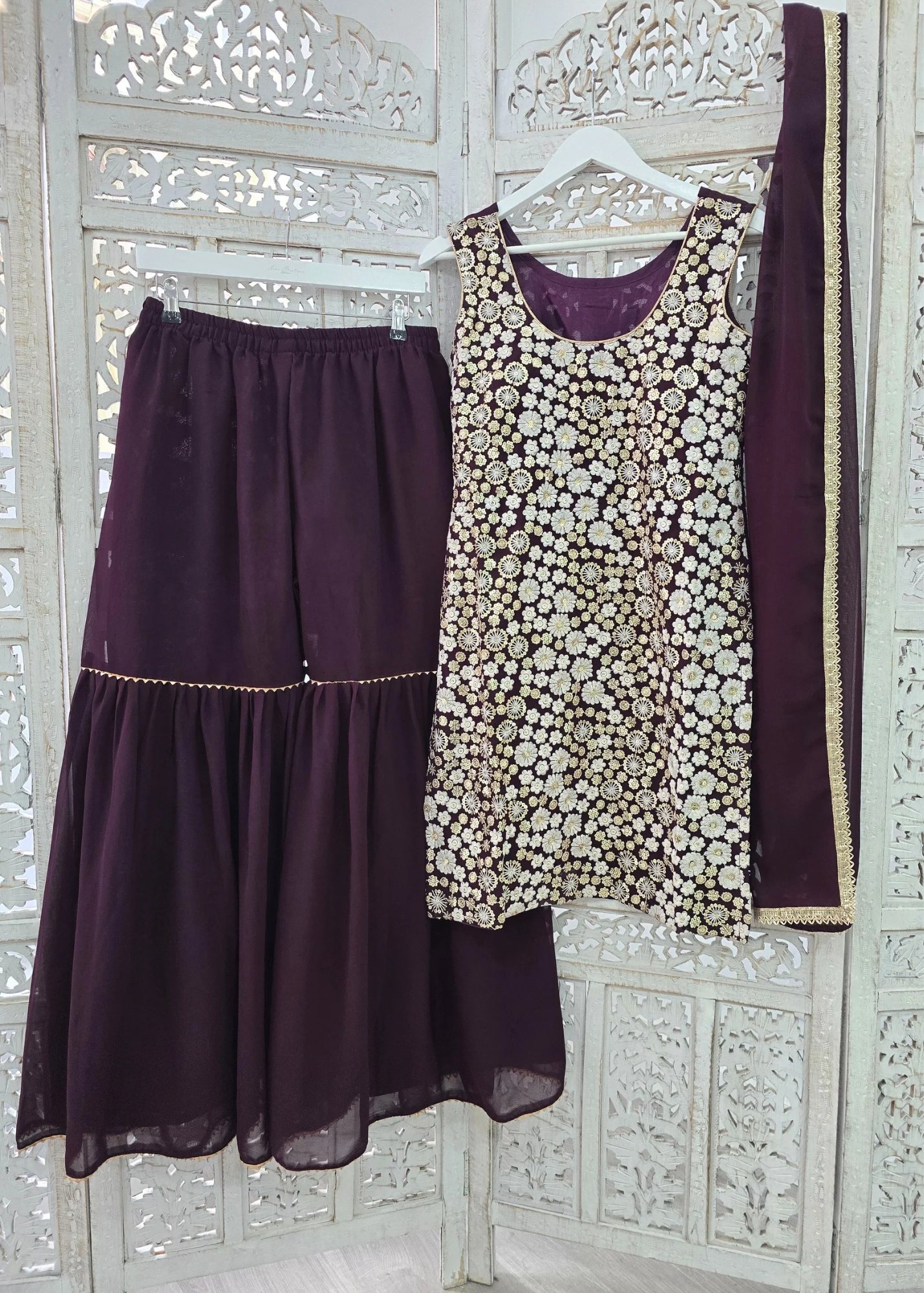 Dark Purple & White Embroidered Gharara Suit (Size 10-12)