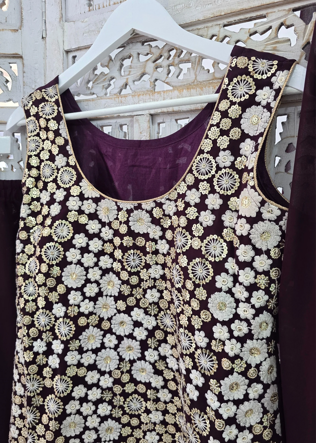 Dark Purple & White Embroidered Gharara Suit (Size 10-12)