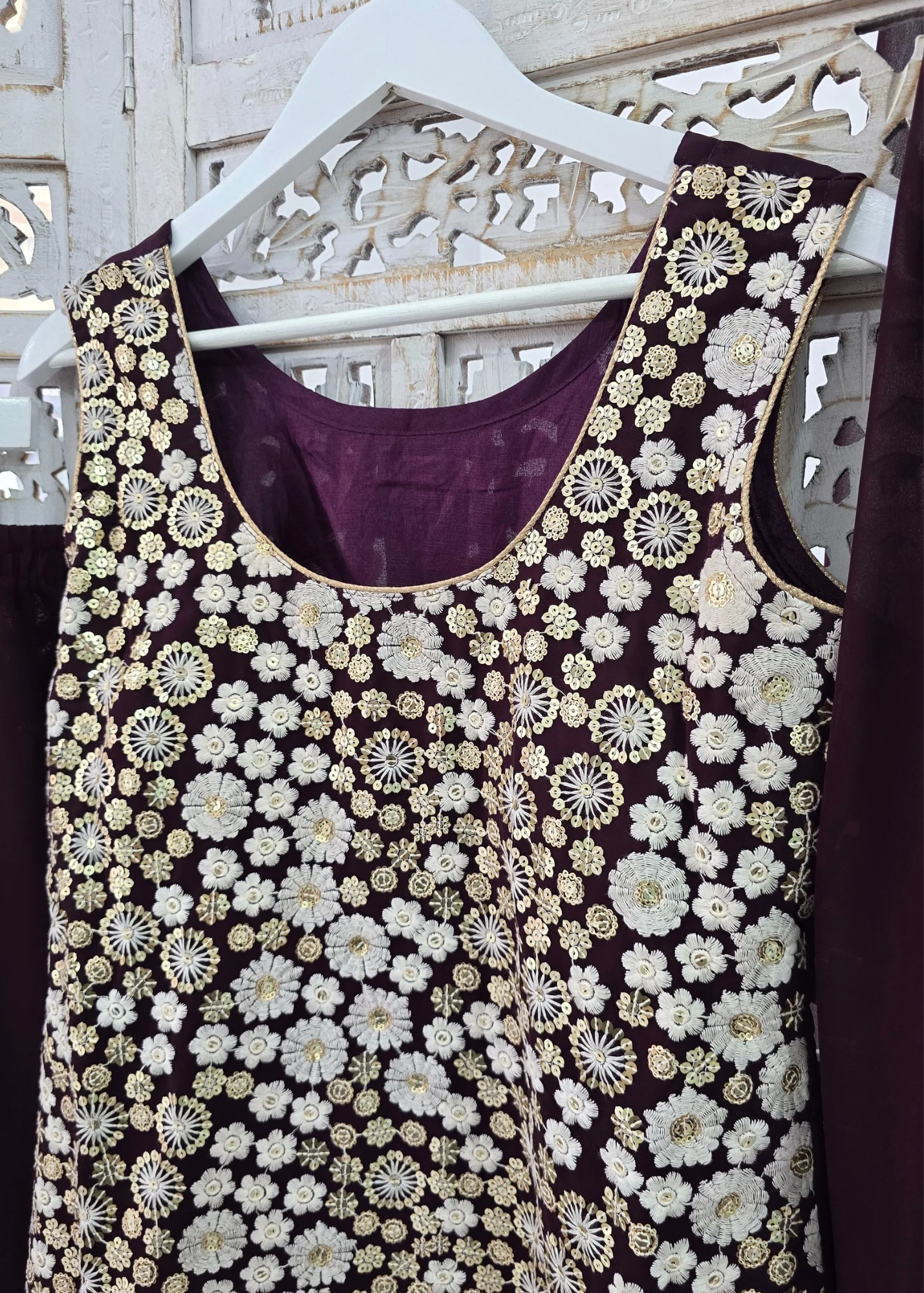 Dark Purple & White Embroidered Gharara Suit (Size 10-12)