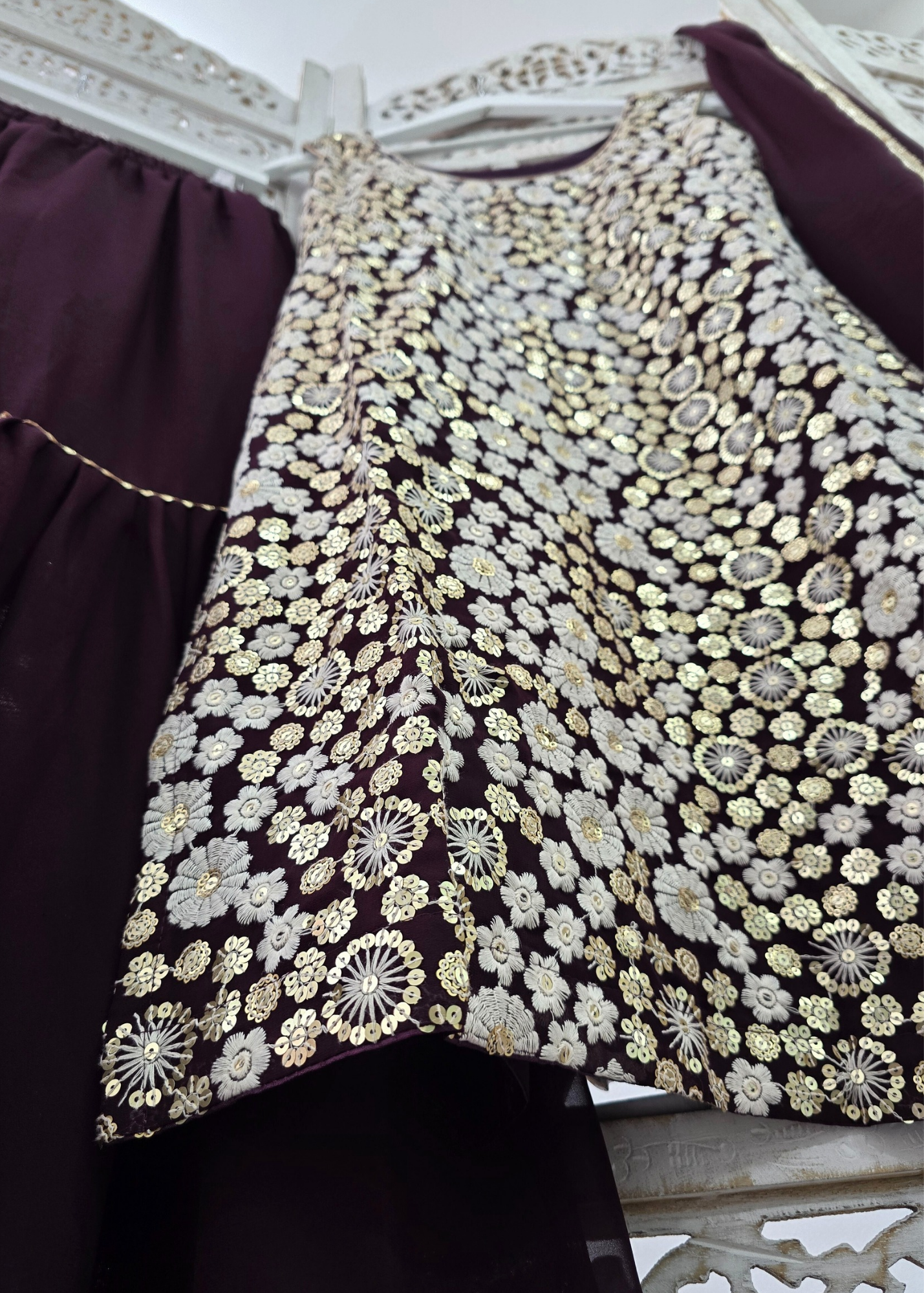 Dark Purple & White Embroidered Gharara Suit (Size 10-12)