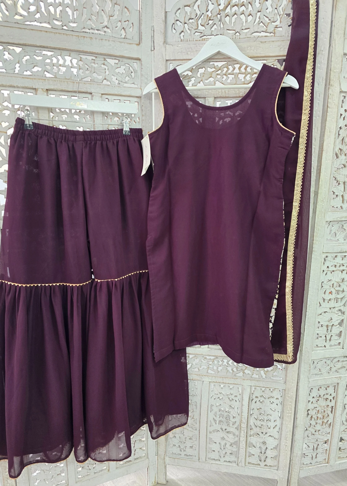Dark Purple & White Embroidered Gharara Suit (Size 10-12)