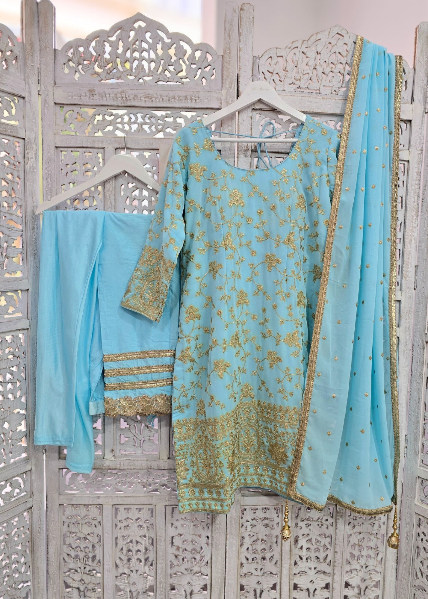 Sky Blue Embroidered Trouser Suit (Size 16)