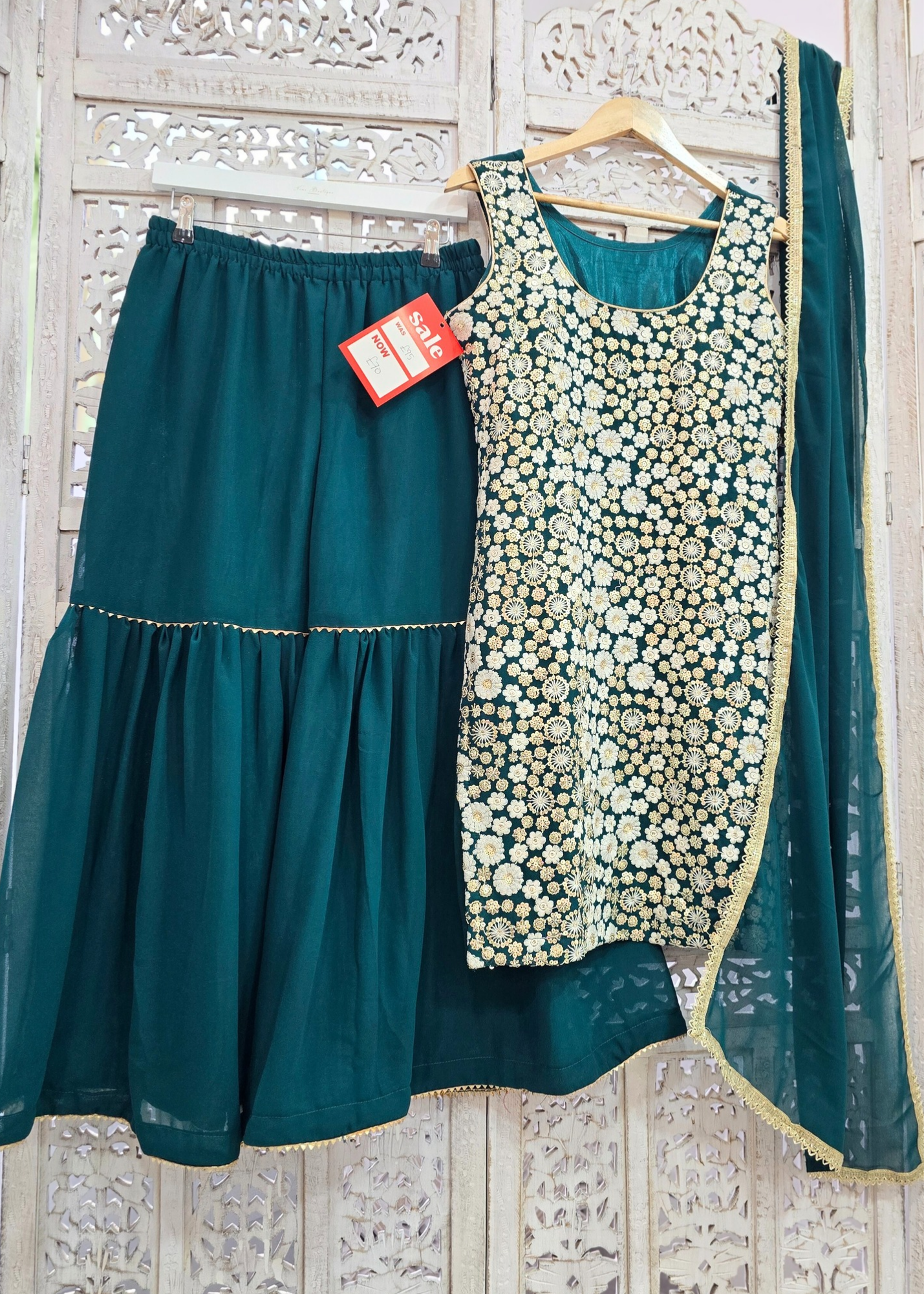 Dark Green & White Embroidered Gharara Suit (Size 10-12)