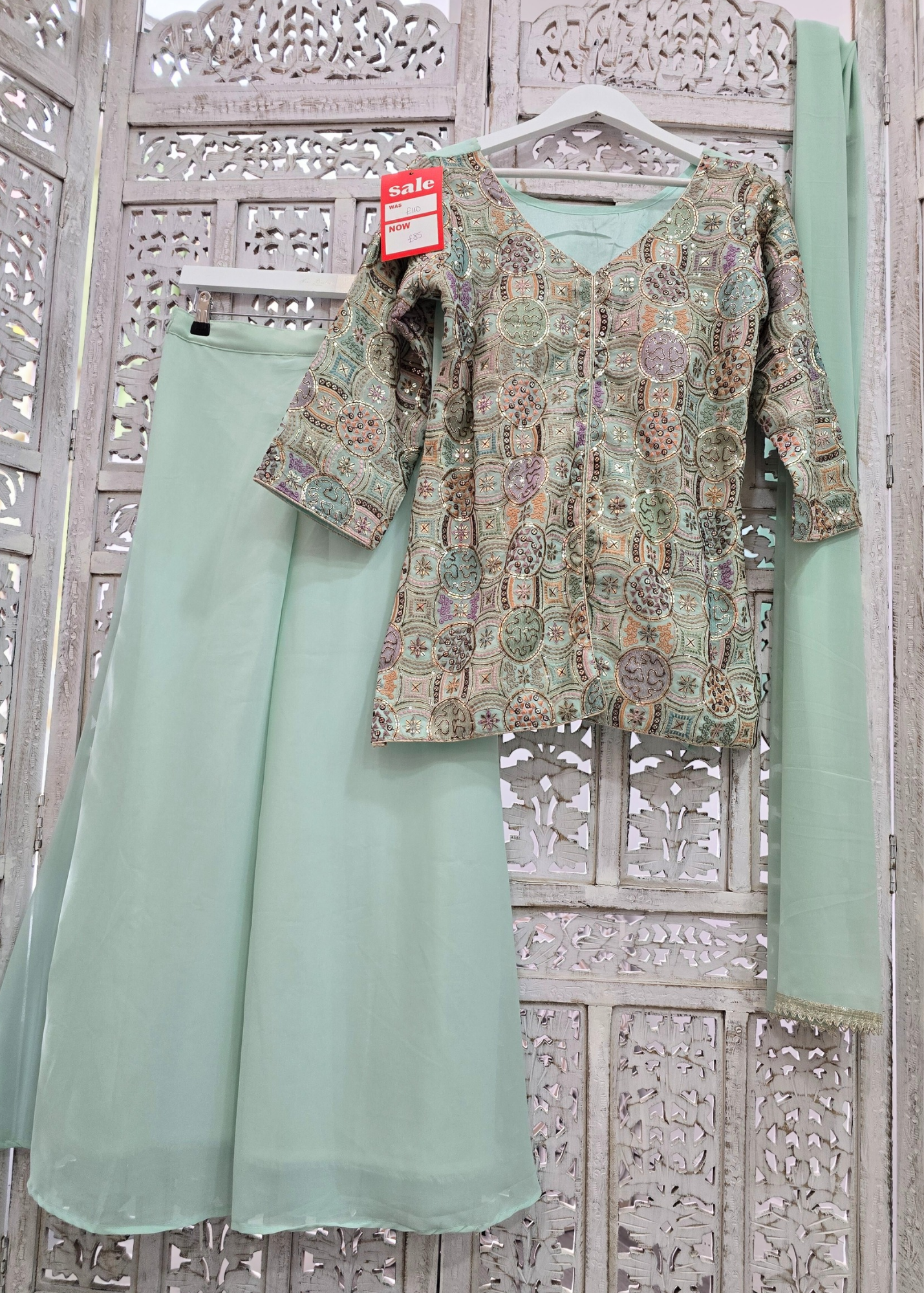 Mint Multicolour Embroidered Sharara Suit (Size 10-12)