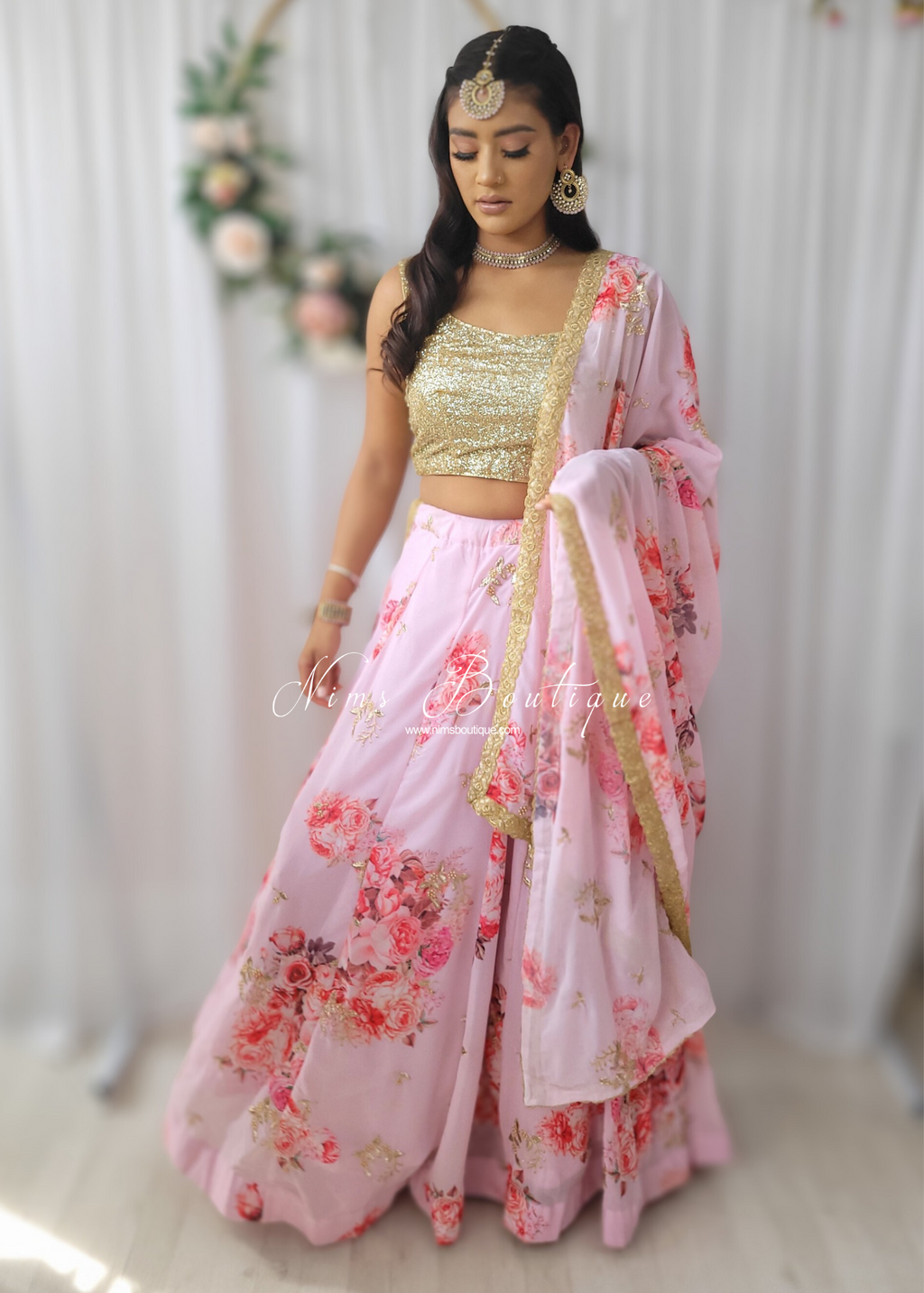 La Floraison Pink Georgette Floral readymade skirt/lehnga (22-24)