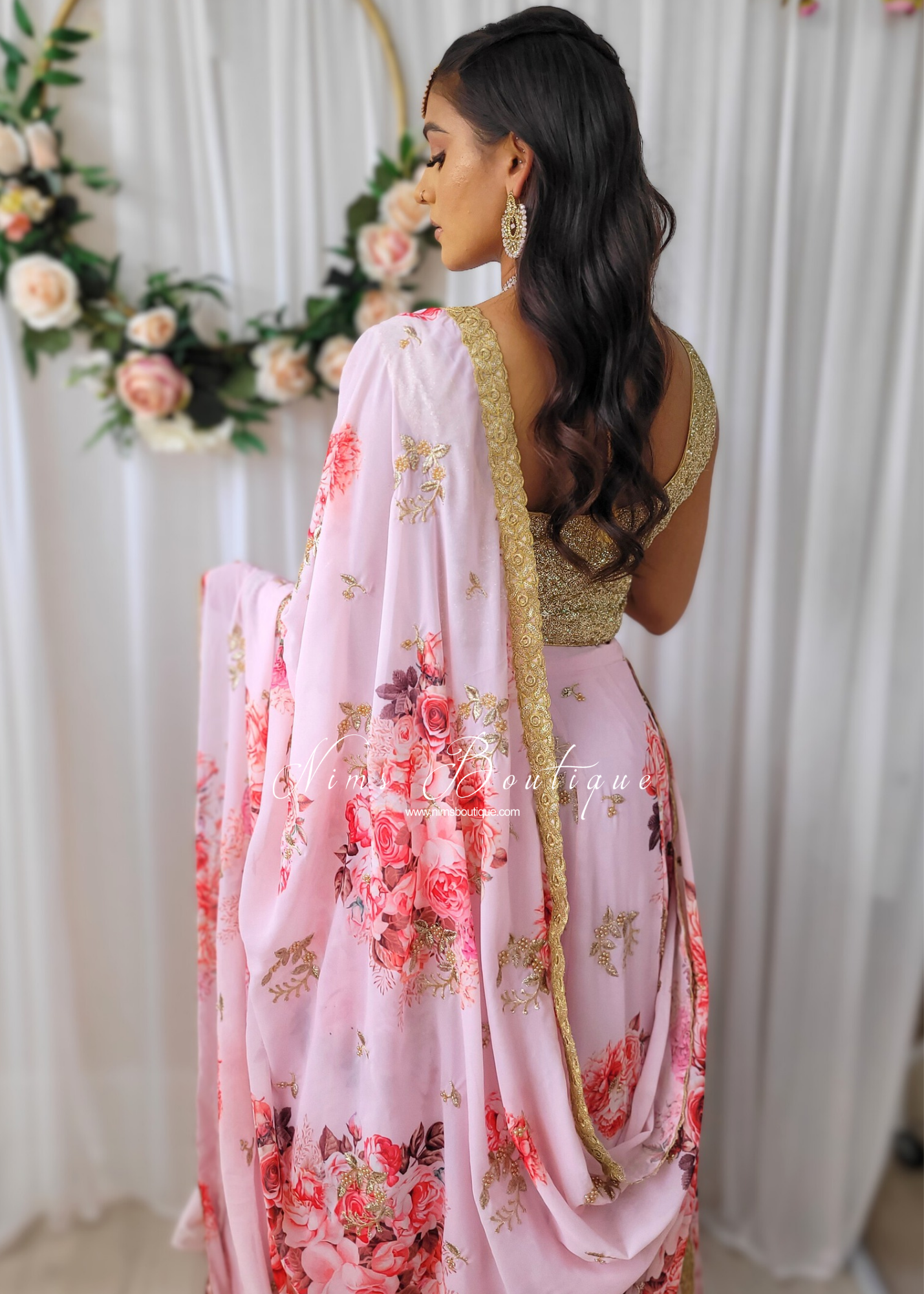 La Floraison Pink Georgette Floral readymade skirt/lehnga (22-24)