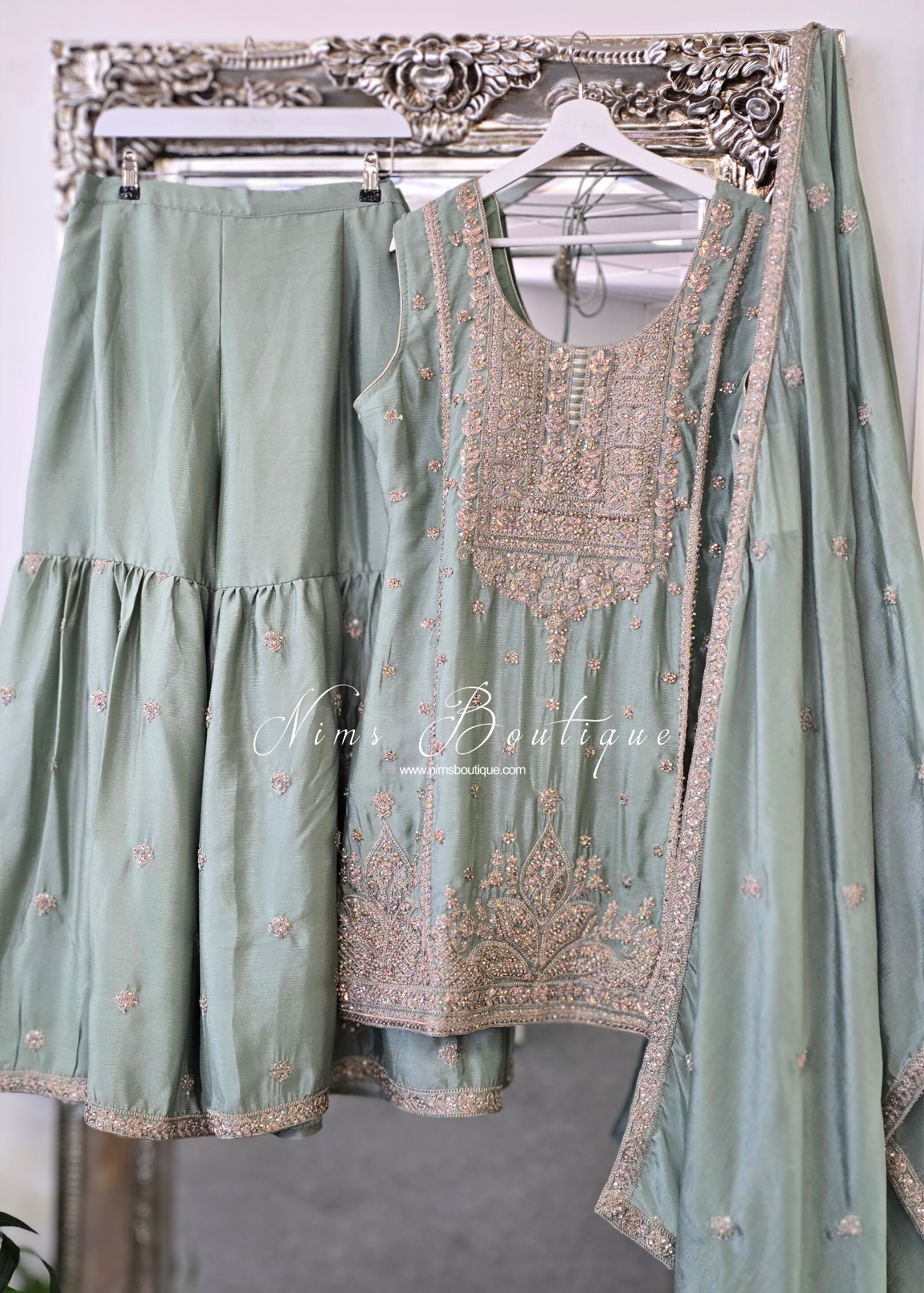 Mint Embroidered Gharara Suit (Size 18-20)