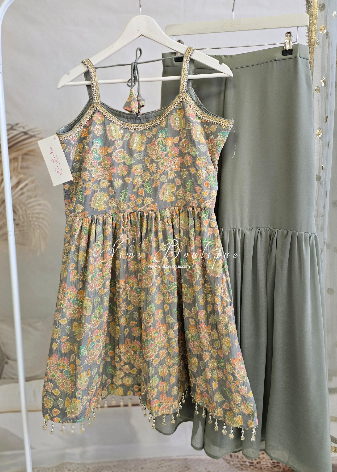 Grey Pastels Frock Thread Embroidered Gharara Suit (size 12)