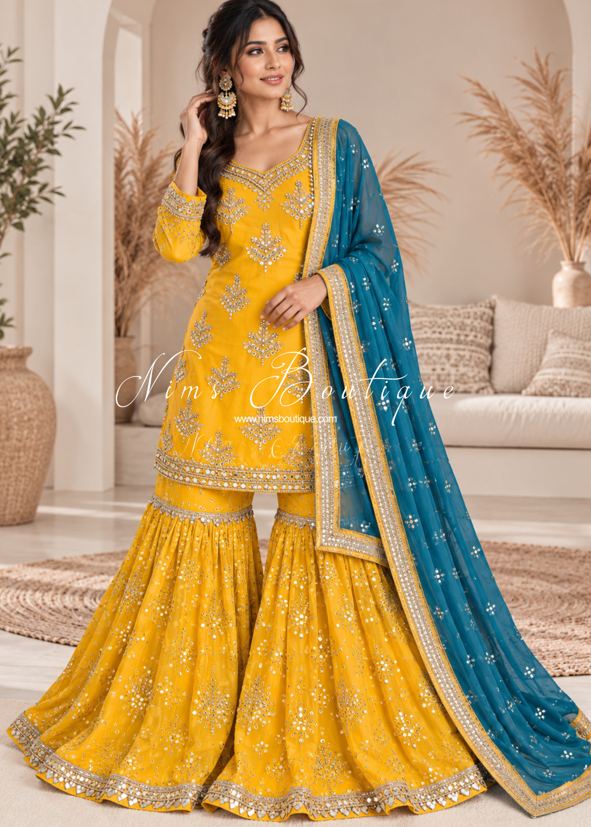 Mustard and Teal Gharara Suit (size 12-14)