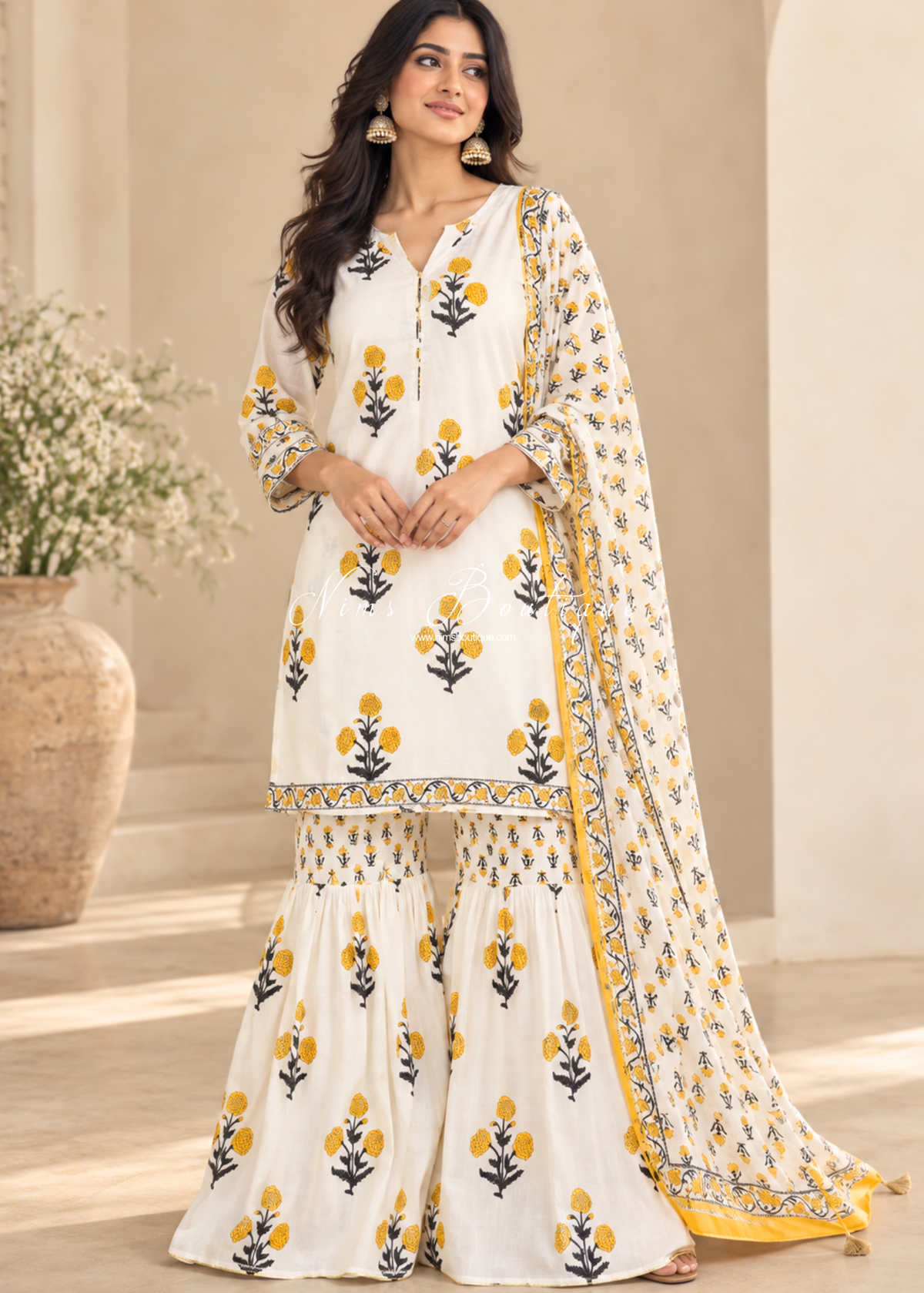 White Yellow Cottom Printed Floral Gharara Suit (size 14-18)