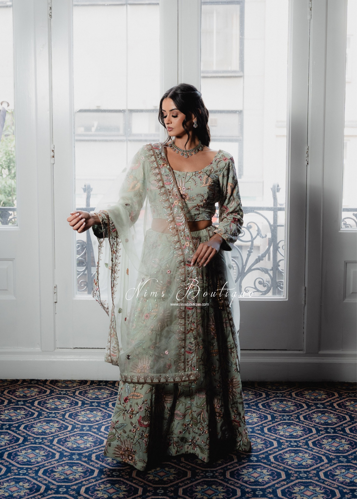 Sarika Luxury Mint Organza Embroidered Dupatta/Chunni