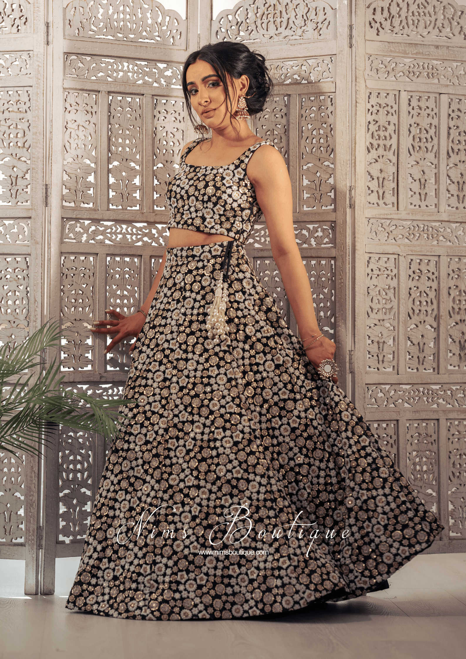Nims Boutique Luxury Black & Ivory Sequin Bow Lehnga 6-14