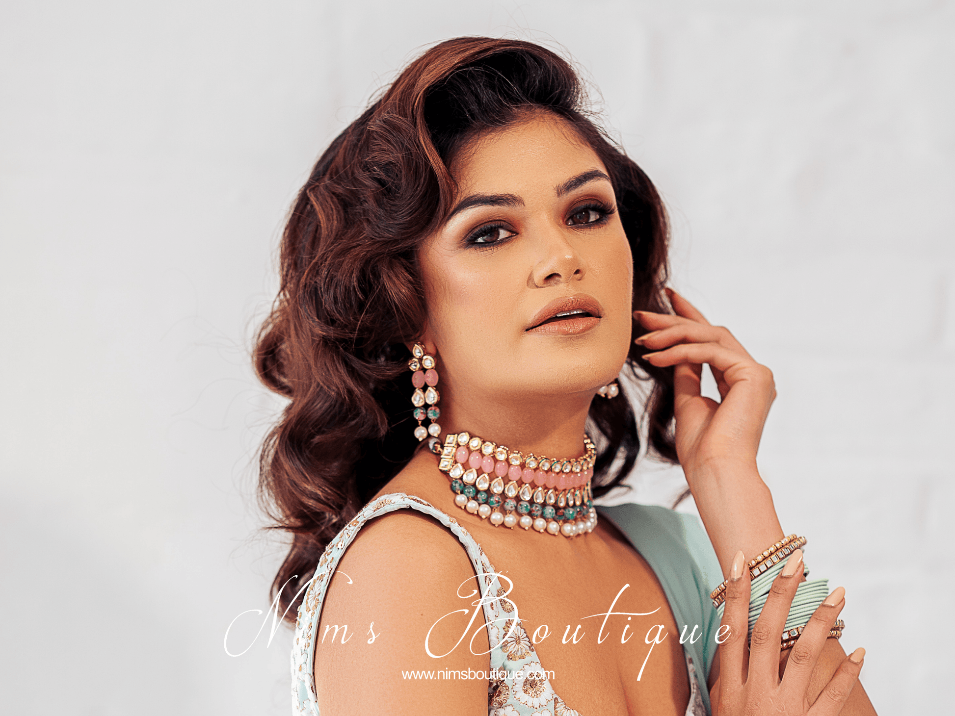 Nims Boutique Pavan Pastel Pink Kundan & Green Floral Bead Choker Set