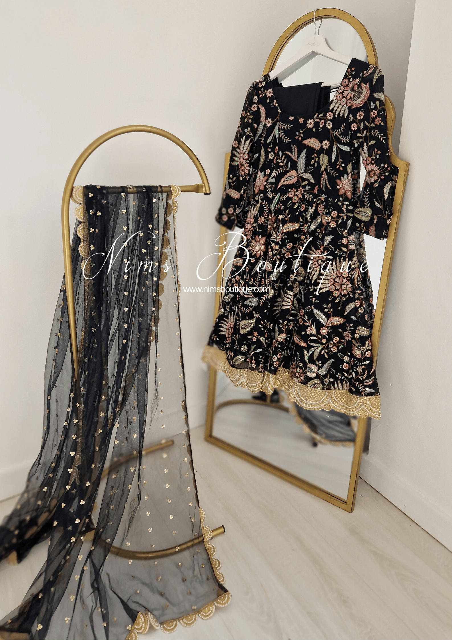 Nims Boutique Sarika Black Luxury Long Sleeved Anarkali Suit with Pajami sizes 4-14