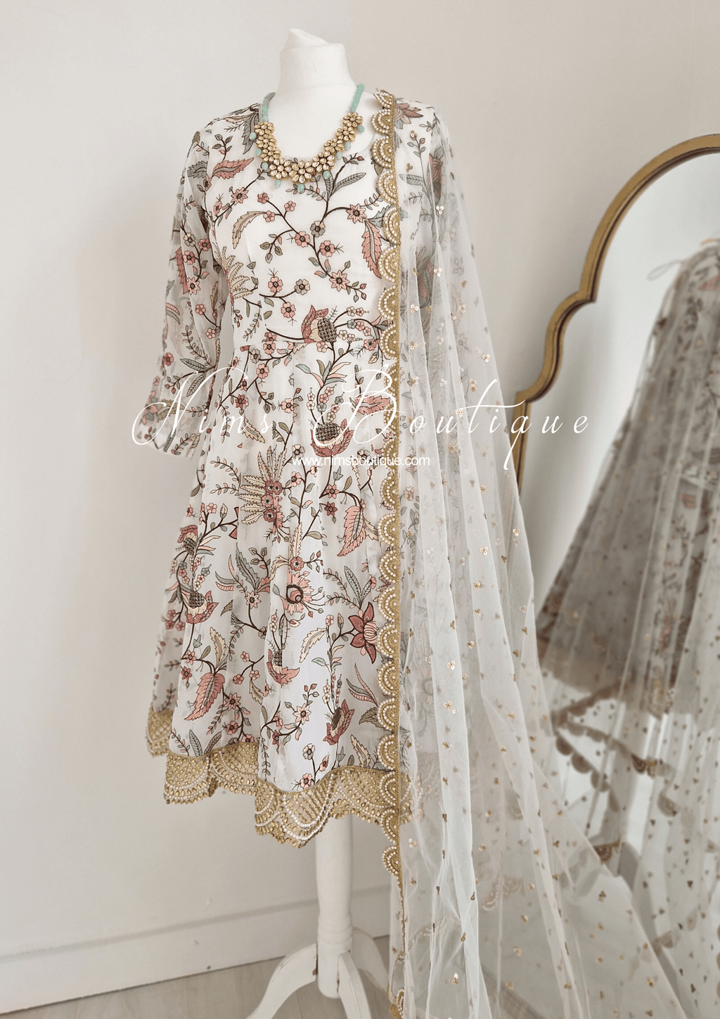 Nims Boutique Sarika White Luxury Long Sleeved Anarkali Suit with Pajami sizes 4-14