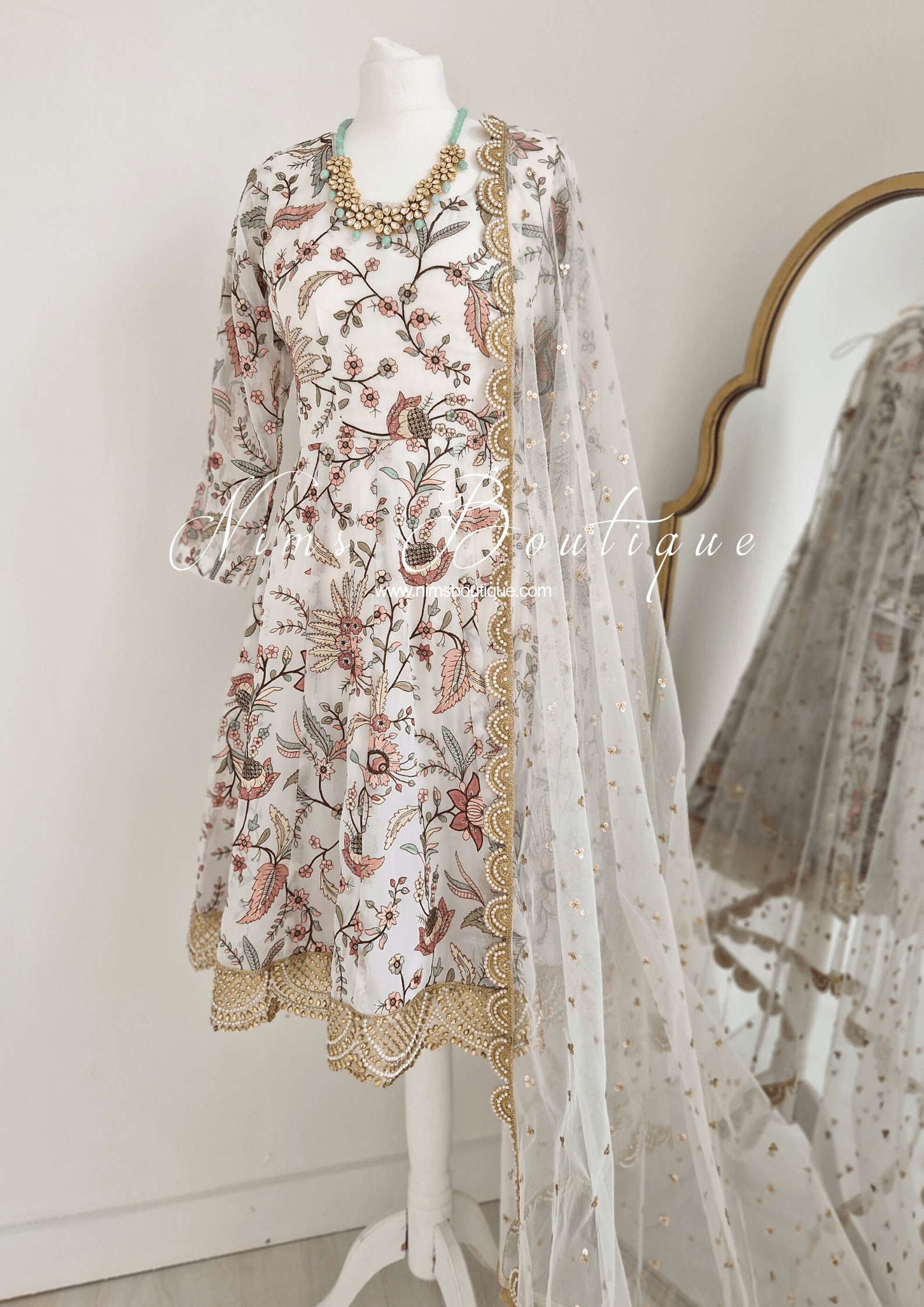 Nims Boutique Sarika White Luxury Long Sleeved Anarkali Suit with Pajami sizes 4-14