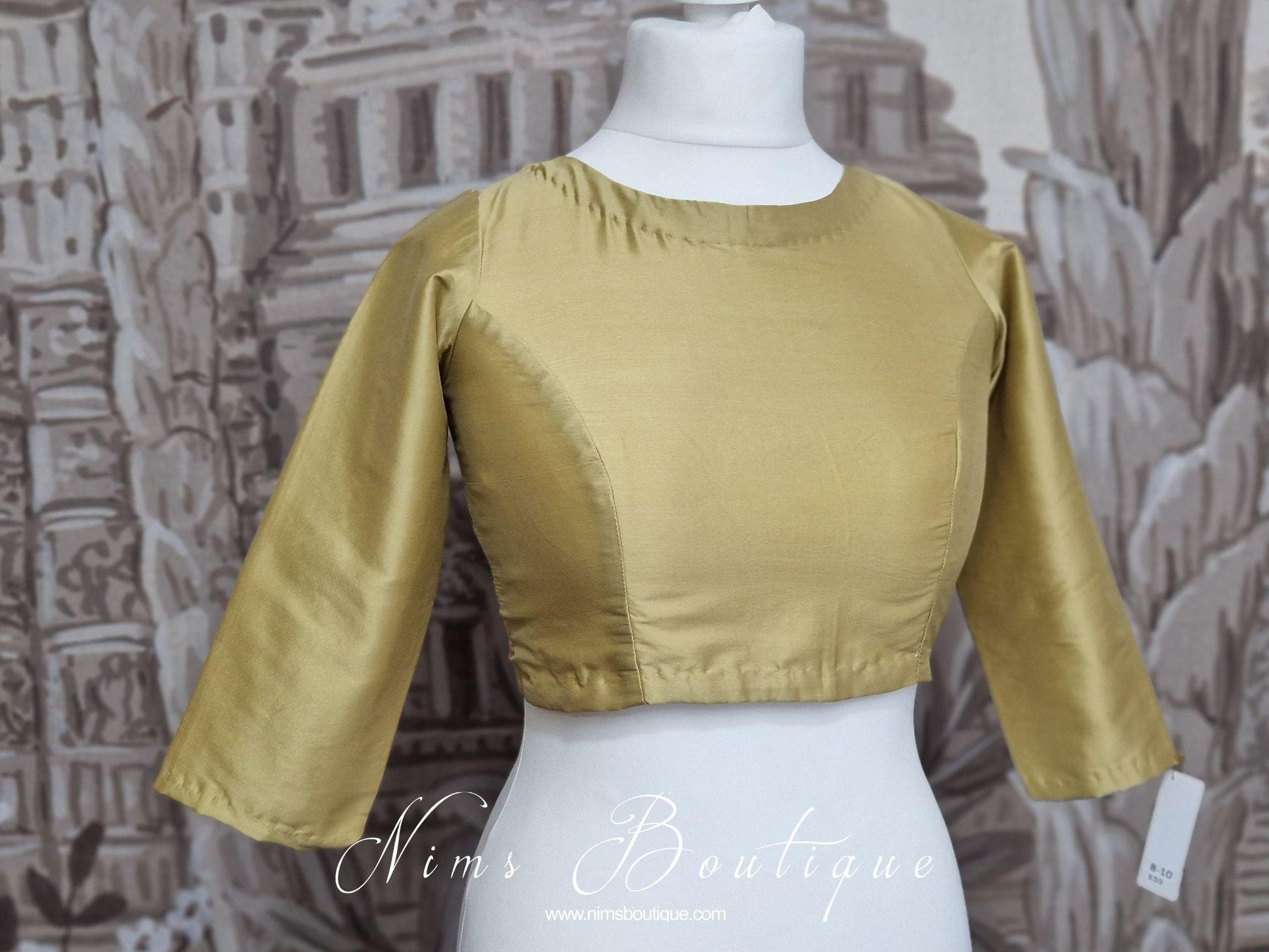 Nims Boutique Dark Gold Pure Silk High Neck Blouse with sleeves 4-24