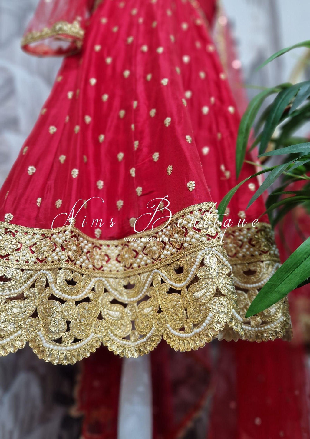 Nims Boutique The NB Luxury Red Silk Anarkali Pajami Suit with sleeves size 12-24