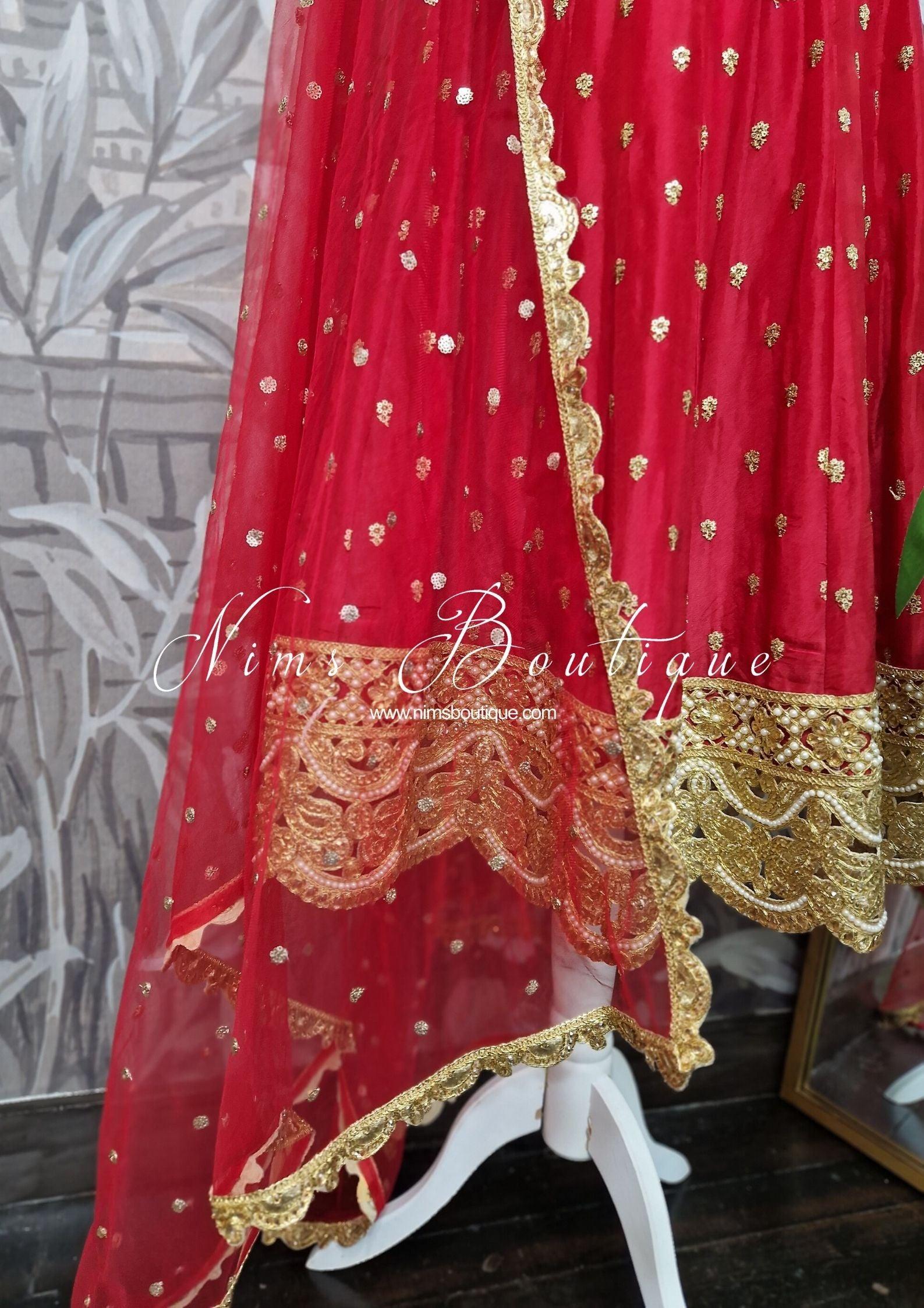Nims Boutique The NB Luxury Red Silk Anarkali with Pajami size 4-12
