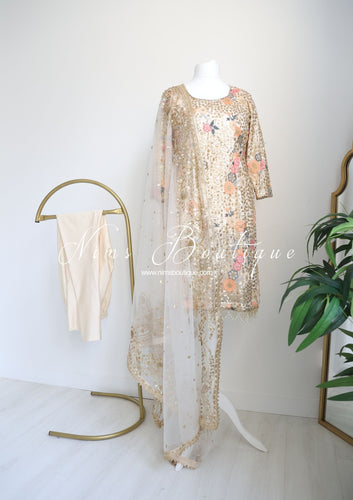 Bella Luxury Cream Floral Embroidered Suit with Pajami and sleeves(sizes 14-18)