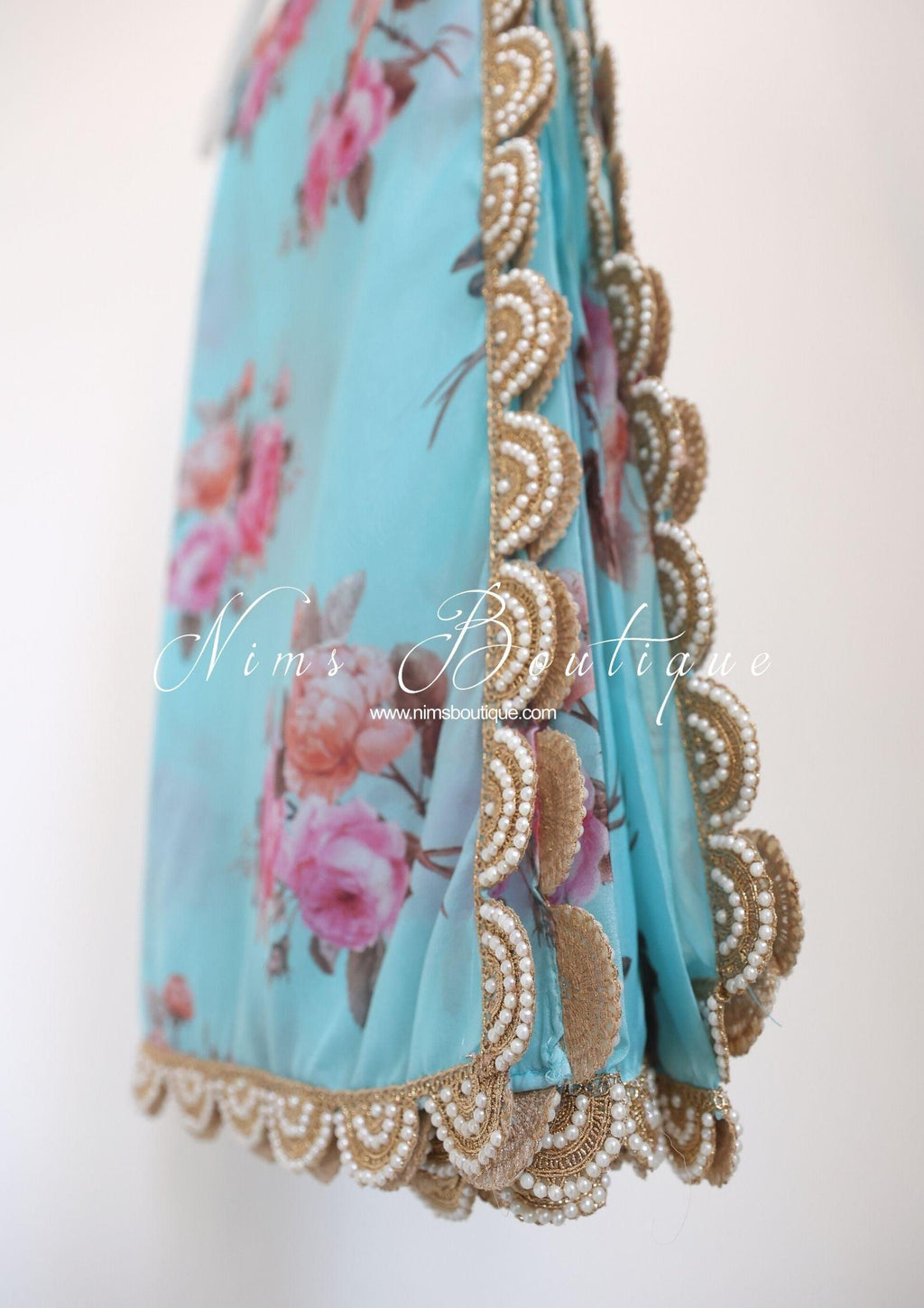 Nims Boutique Luxury Blue Organza Floral Dupatta/Chunni with Pearl Edging