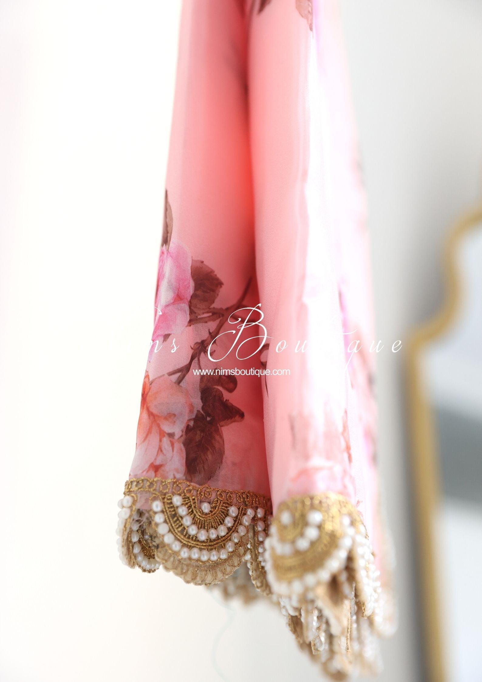Nims Boutique Luxury Peach Organza Floral Dupatta/Chunni with Pearl Edging