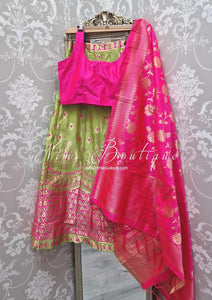 Lime Green & Hot Pink Brocade Semi stitched skirt/lehnga