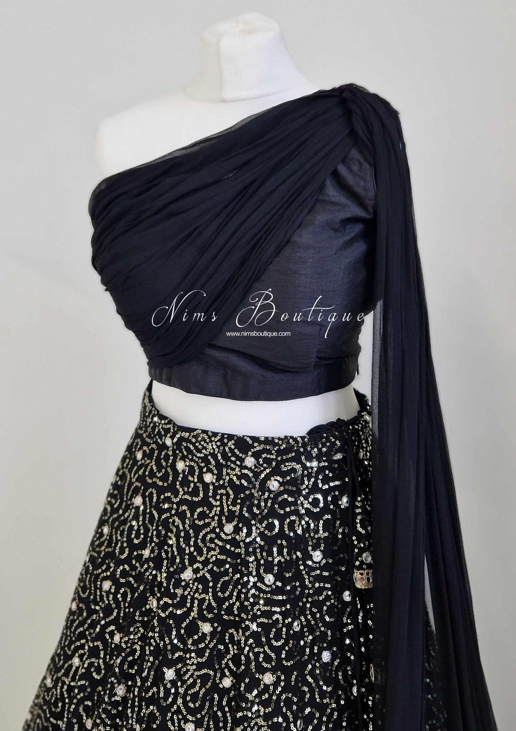 Nims Boutique Arya Black Luxury One Shoulder & Dupatta blouse 6-18