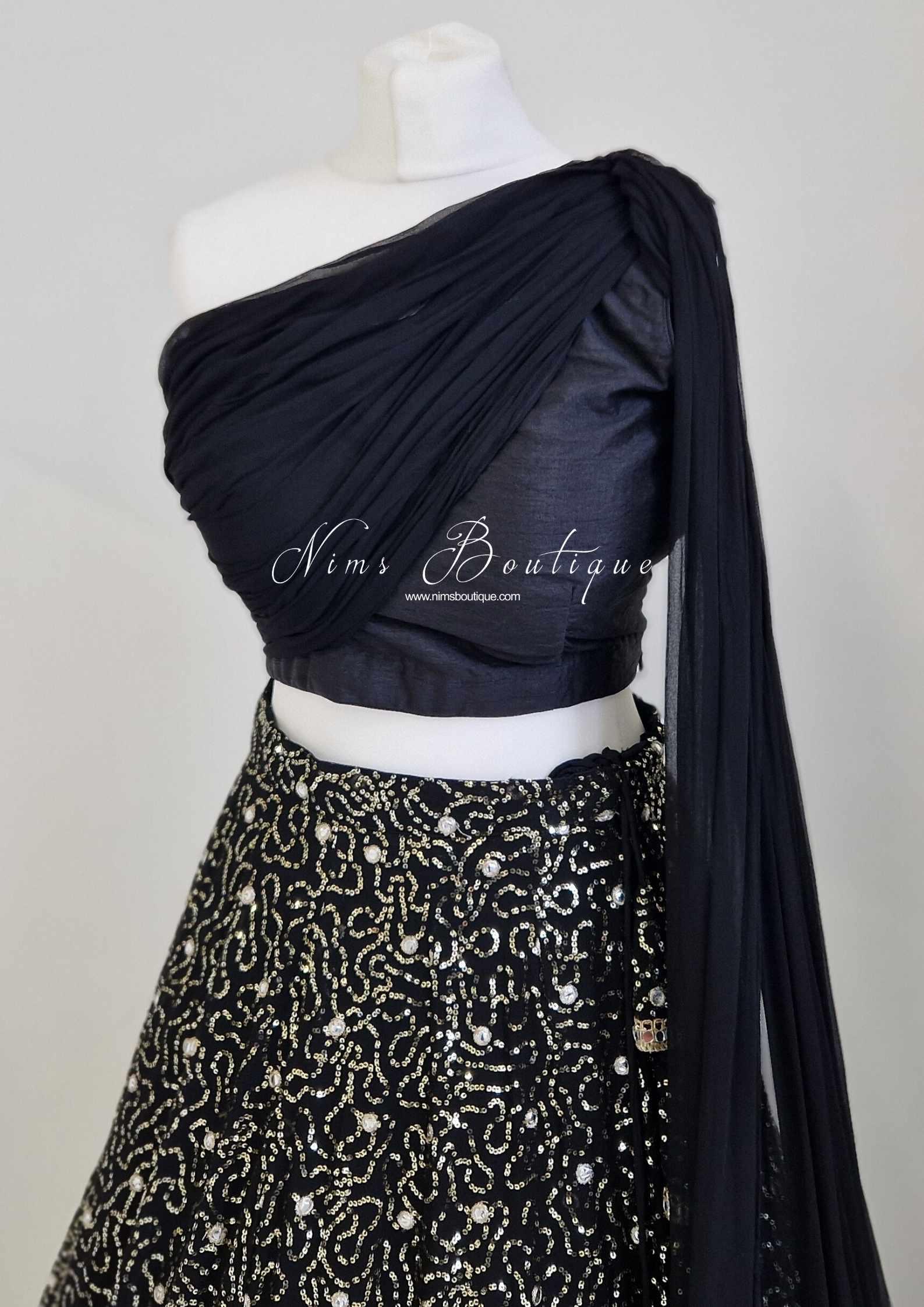 Nims Boutique Arya Black Luxury One Shoulder & Dupatta blouse 6-18