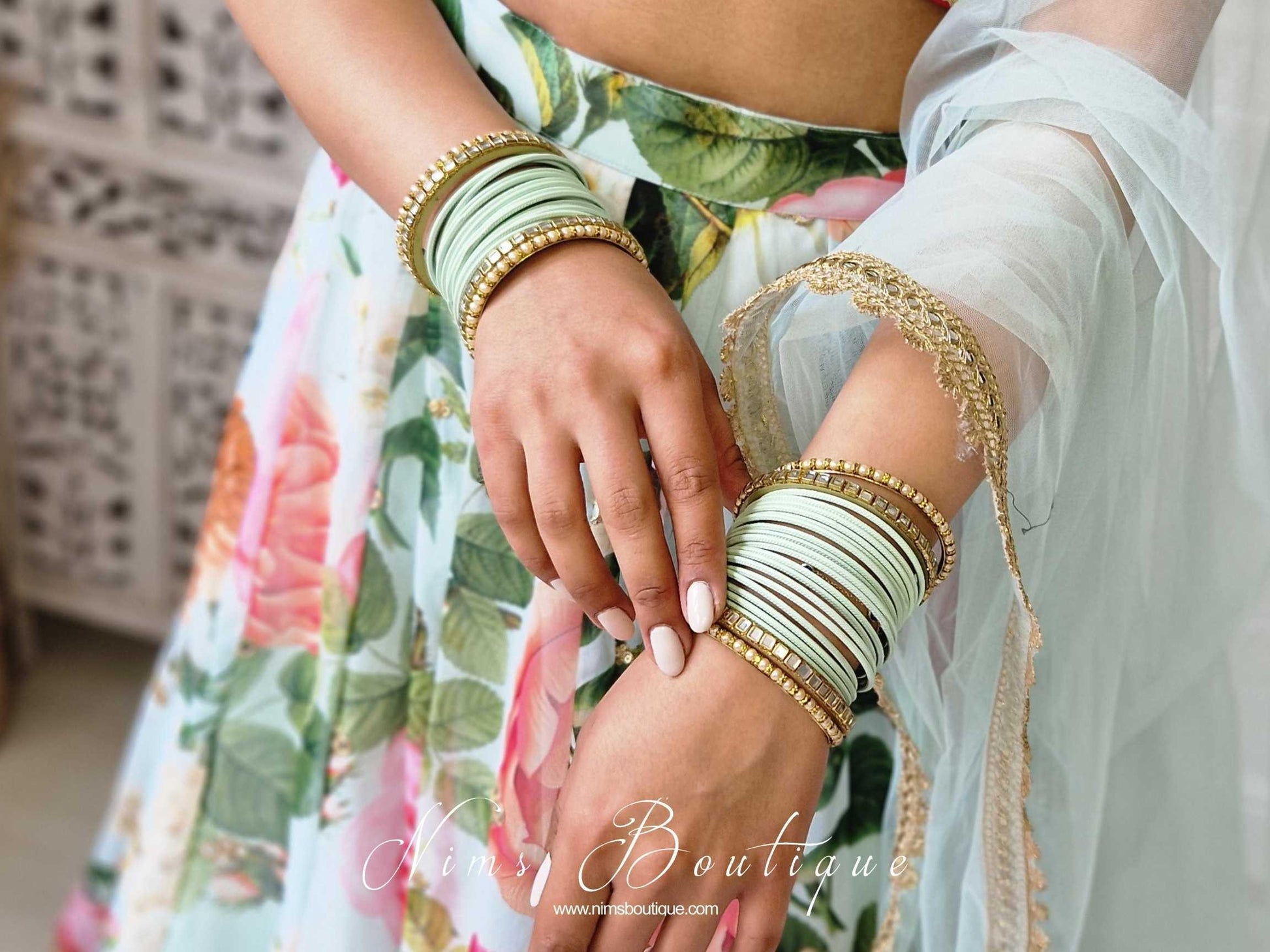 Nims Boutique Light Mint & Kundan Set of Bangles MBN
