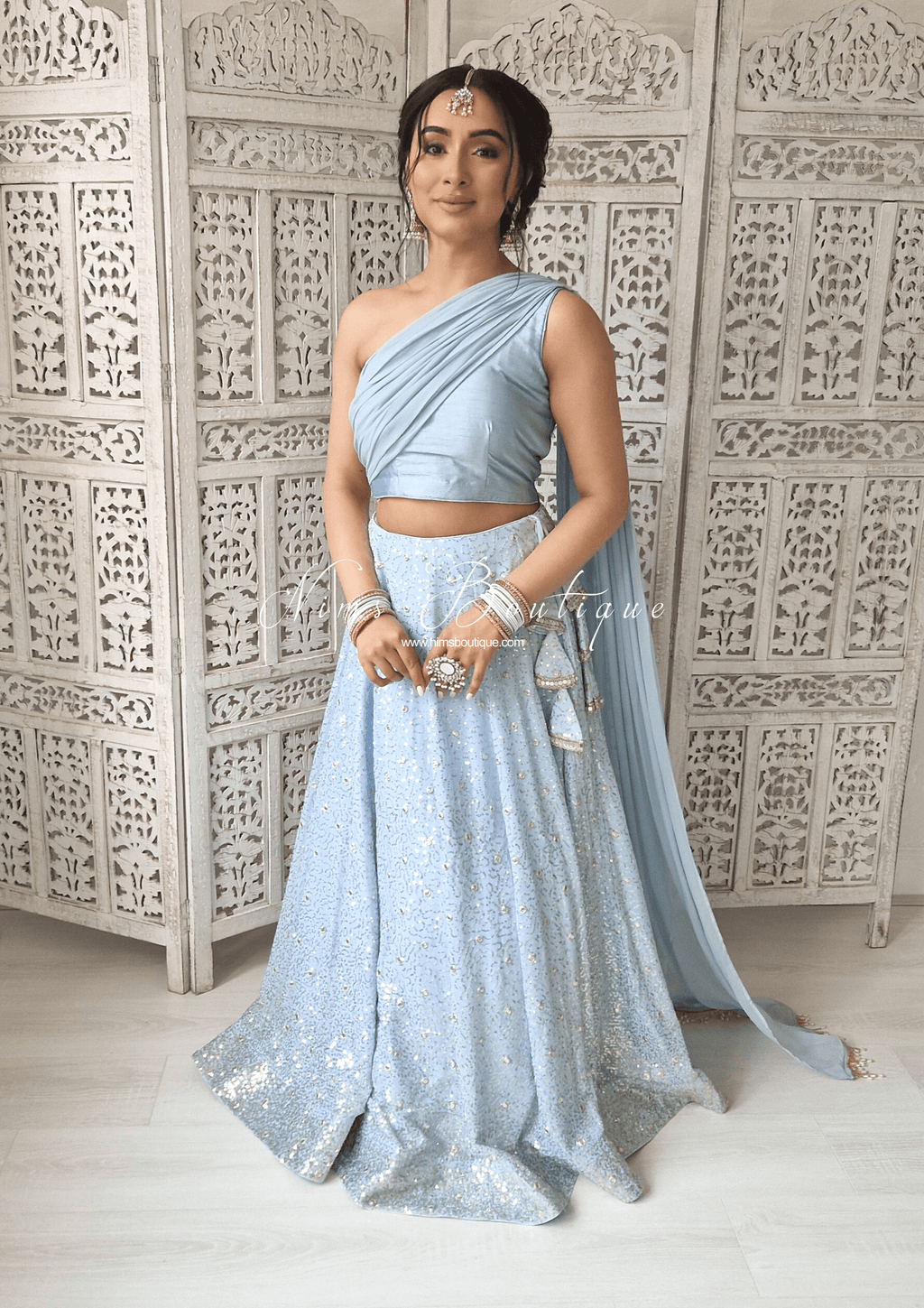 Nims Boutique Arya Powder Blue Luxury One Shoulder & Dupatta blouse 4-10