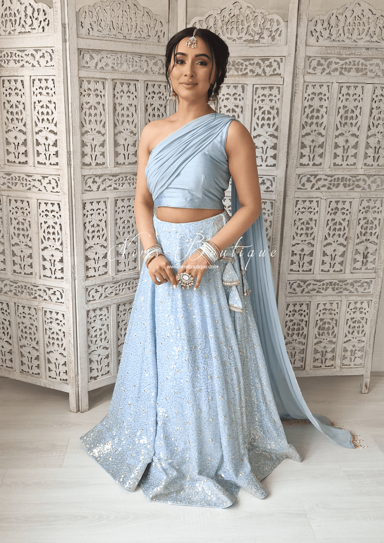 Nims Boutique Arya Powder Blue Luxury One Shoulder & Dupatta blouse 4-10