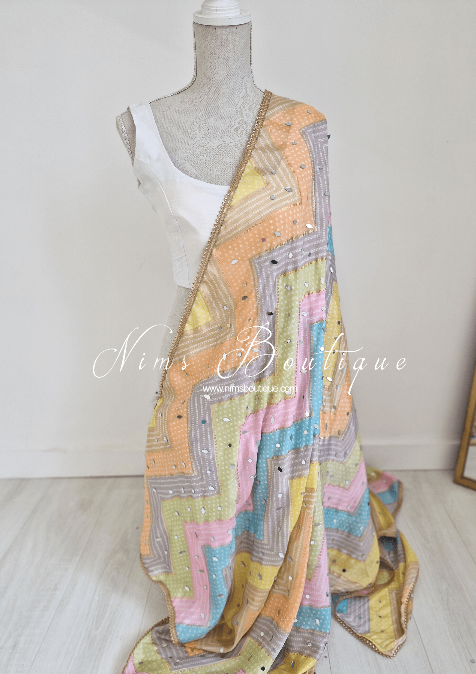Nims Boutique Sitara Luxury Light Pastels Zig Zag Mirror Dupatta/Chunni