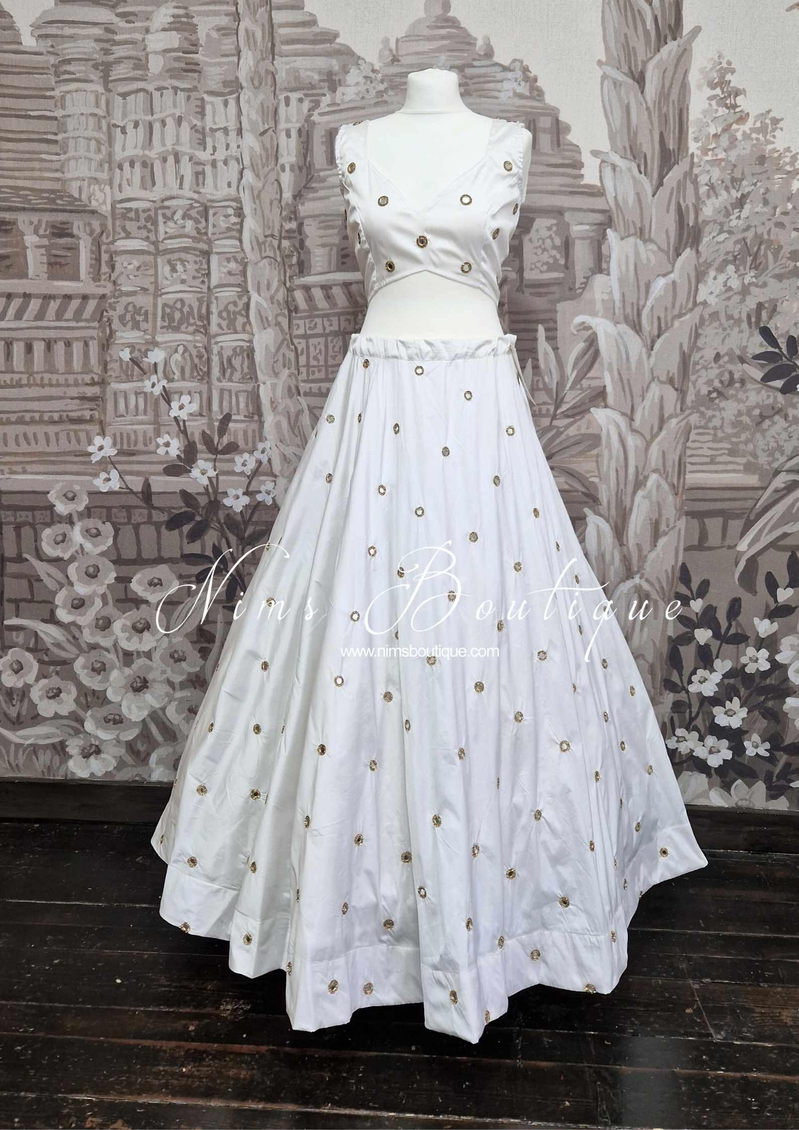 Nims Boutique Rani Luxury White Mirror readymade skirt/lehnga size 4-22