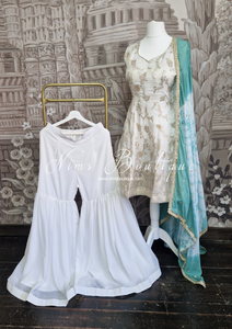 Ivory & Teal Tie Dye Brocade Gharara Suit (Size 10-12)