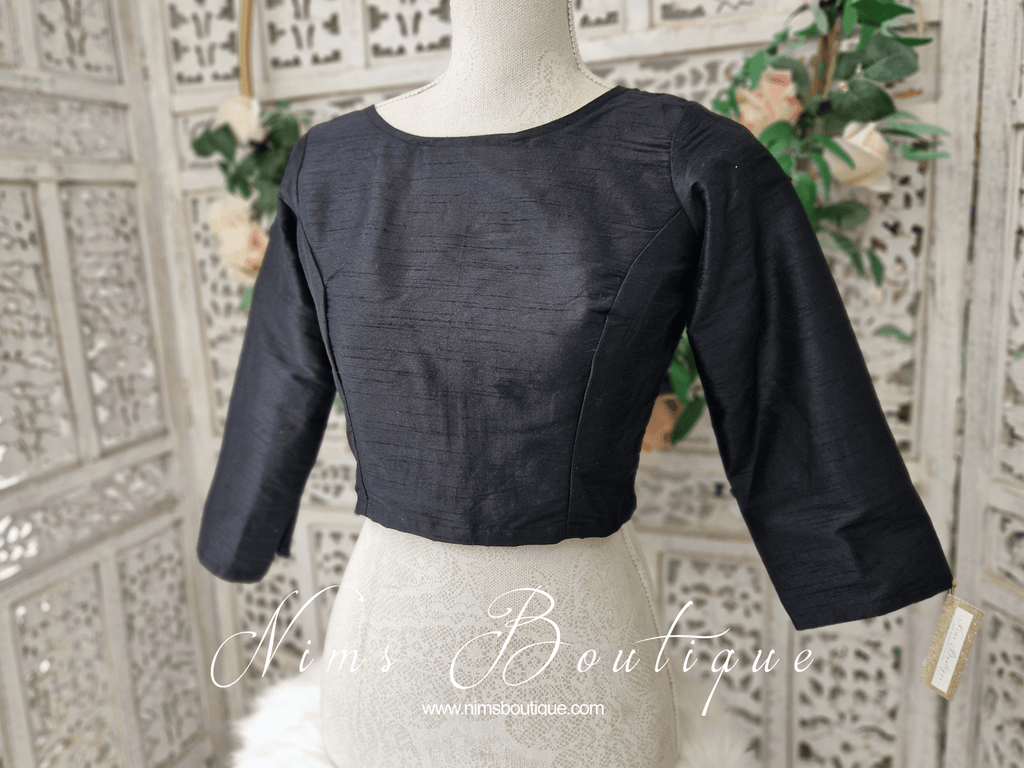 Nims Boutique Black Raw Silk High Neck Blouse with sleeves 4-26