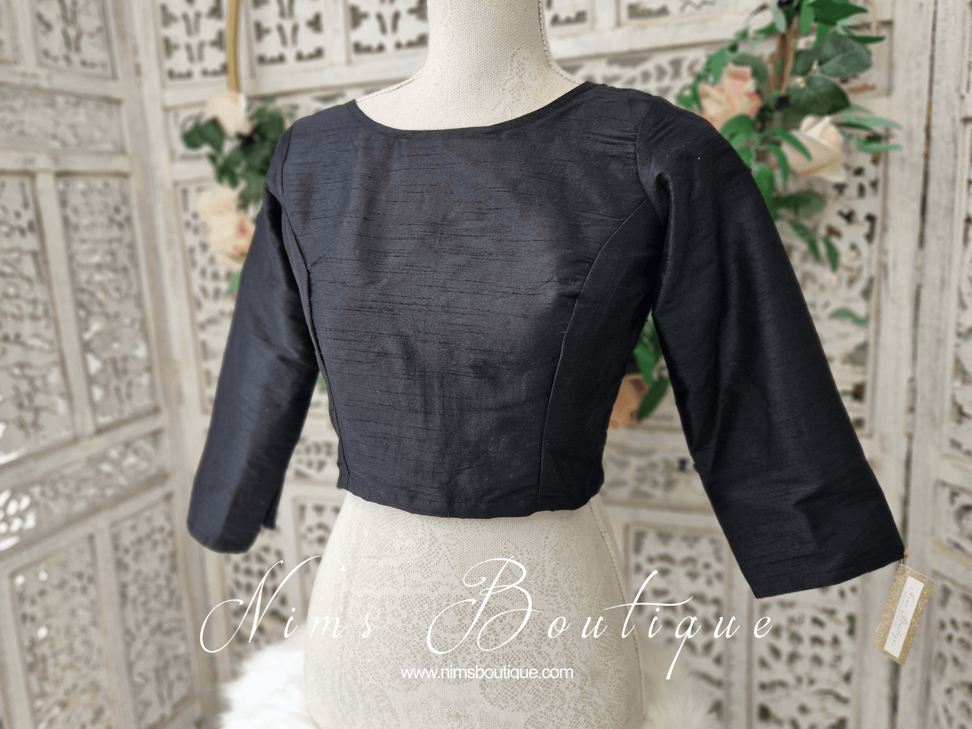 Nims Boutique Black Raw Silk High Neck Blouse with sleeves 4-26