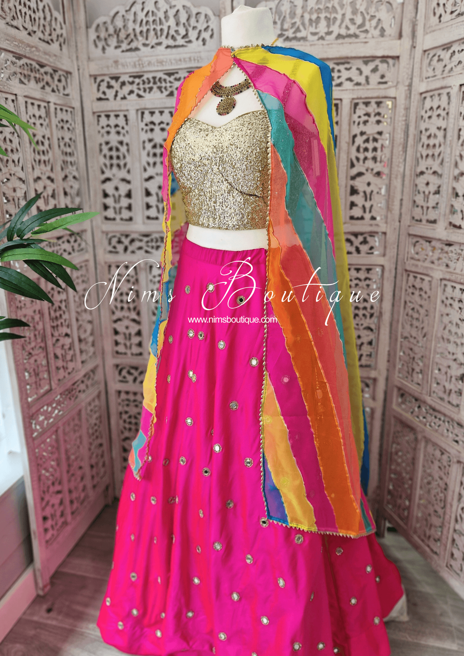 Nims Boutique Rani Luxury Hot Pink Mirror readymade skirt/lehnga sizes 4-22